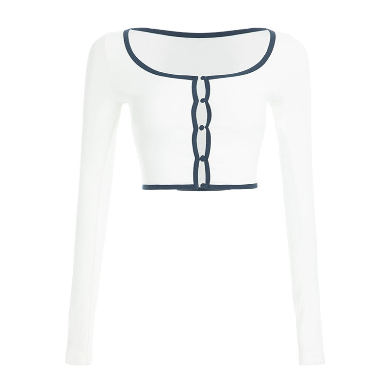 ABMY Square-neck Breasted Contrasting Hemming Cardigan