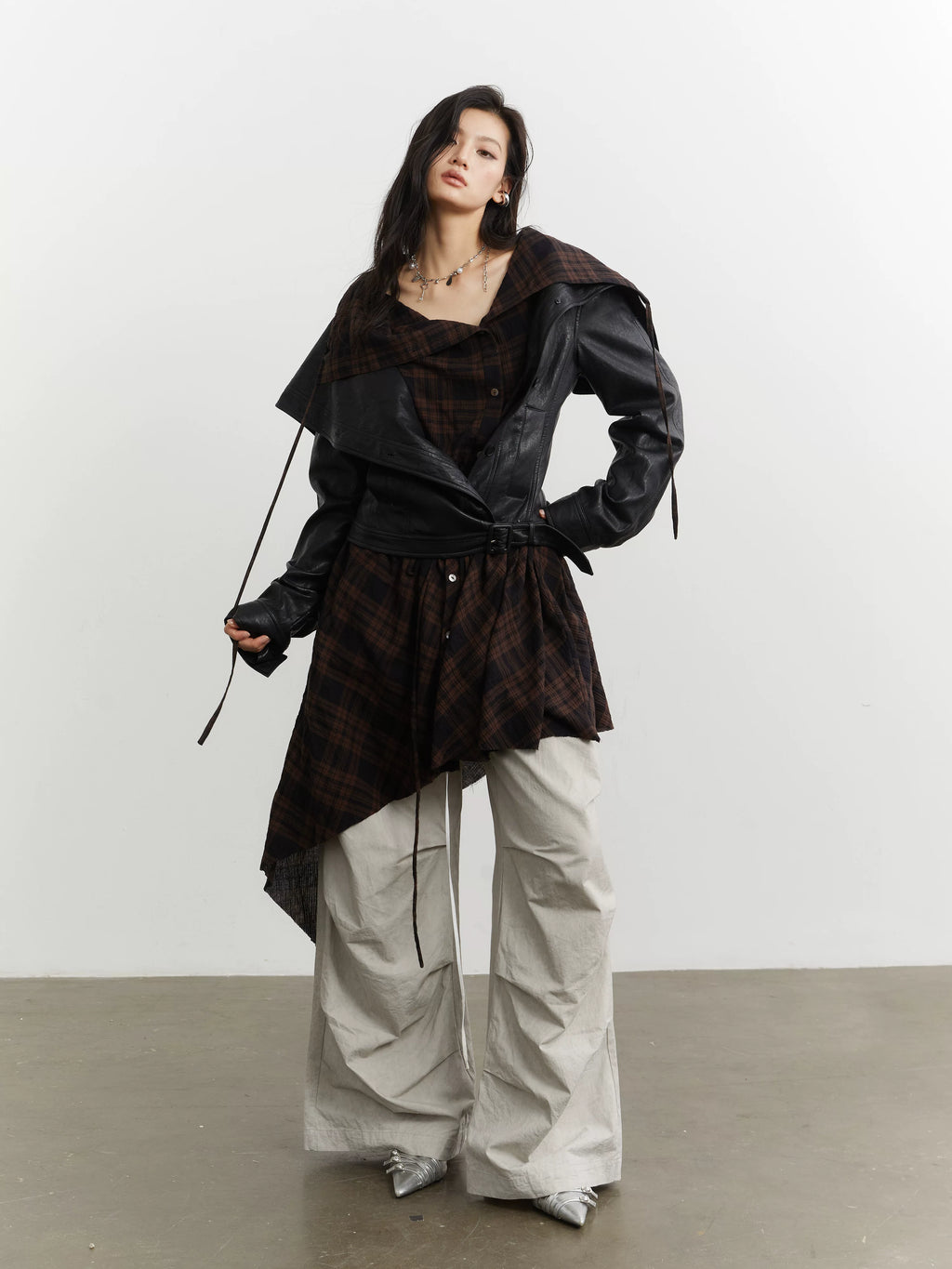 JNYLON-plaid Apron Stitched Imitation Leather PU Jacket