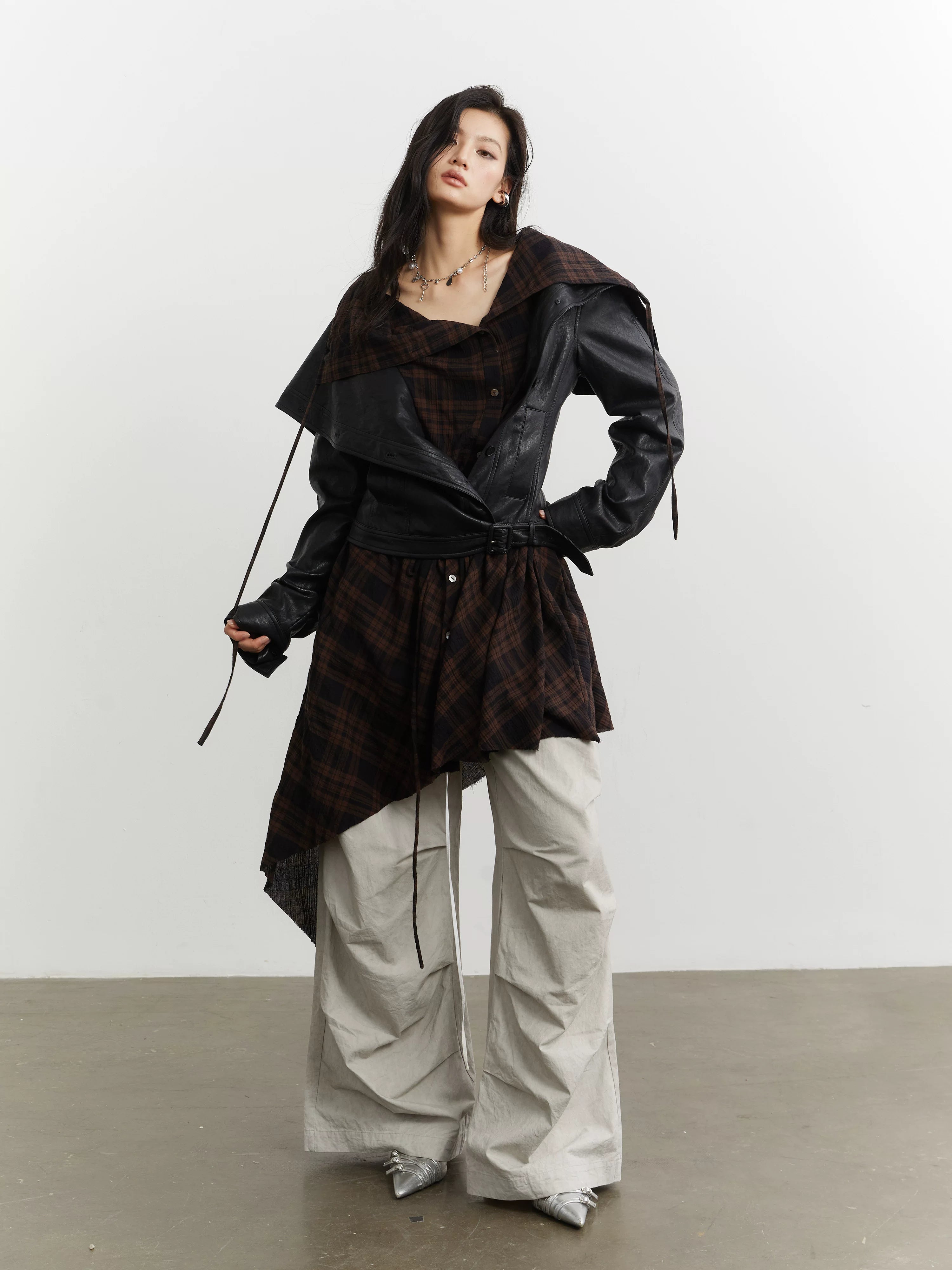 JNYLON-plaid Apron Stitched Imitation Leather PU Jacket