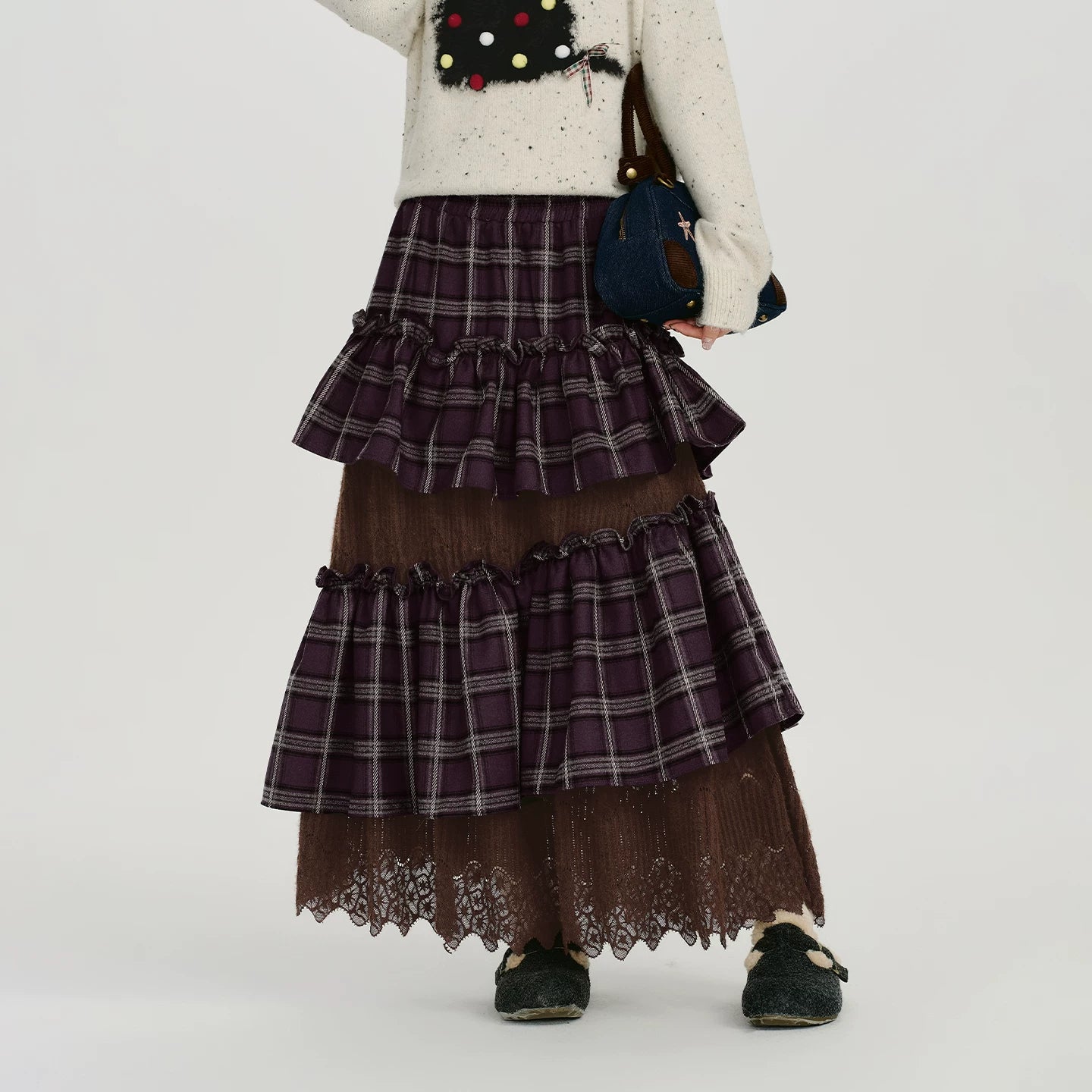 Girlyhalo Vintage Plaid Lace Patchwork Skirt