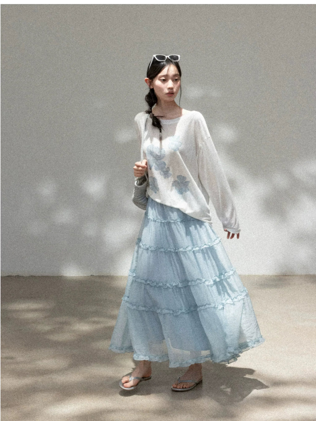 Cantonstory Lazy Crew Neck Thin Long Sleeve Skirt Set