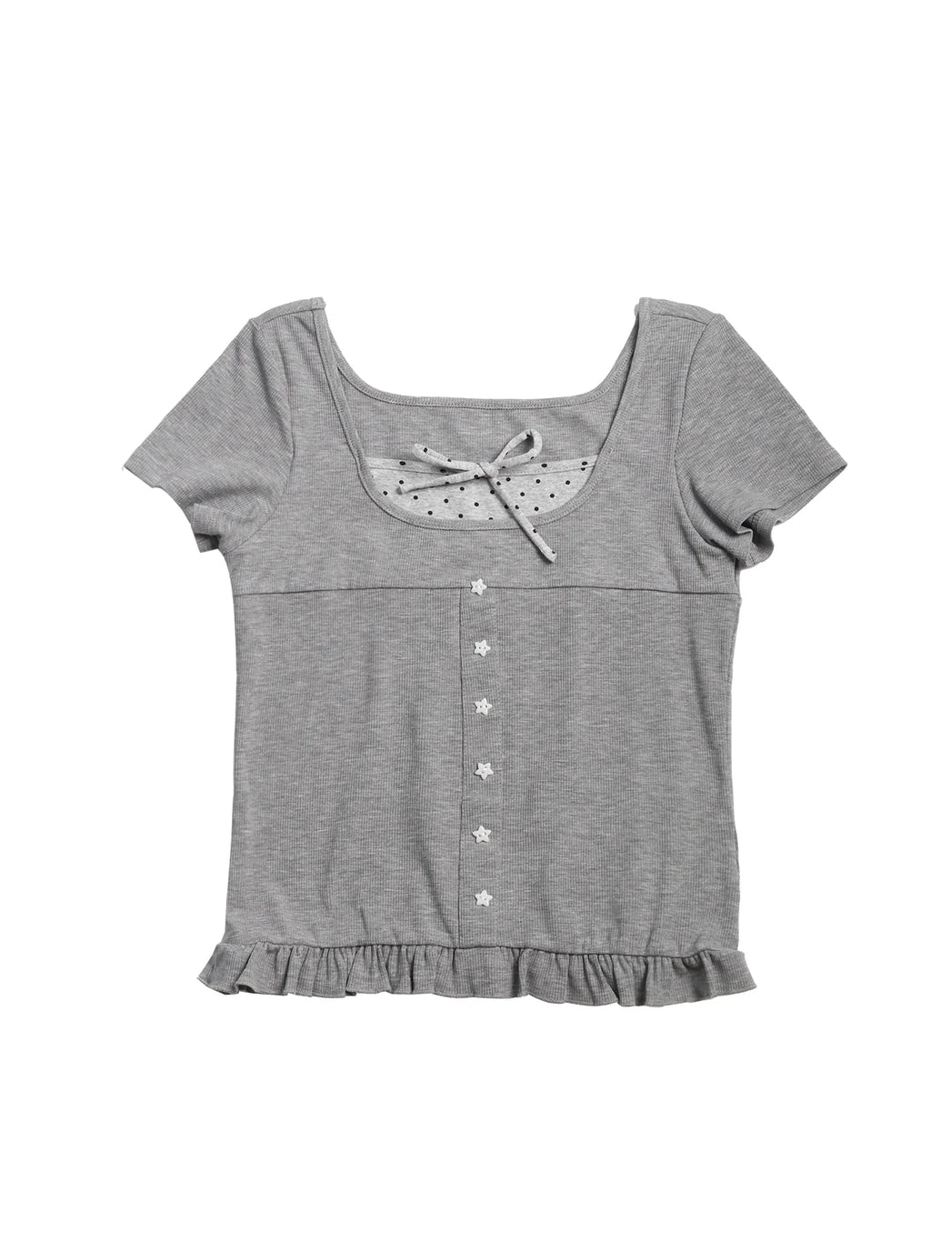 Two days off lab Polka Dot Ruffle Trim Square-Neck Cropped Tee