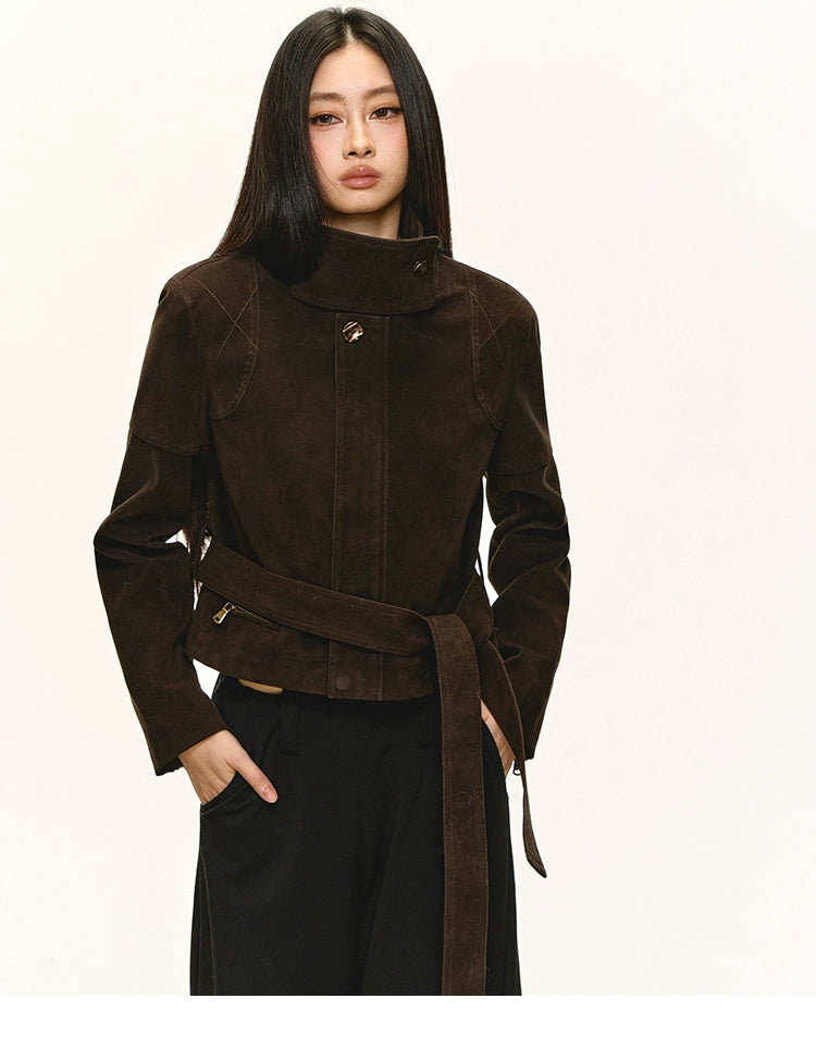 Anna Aneae Stand-up Collar Suede PU Jacket