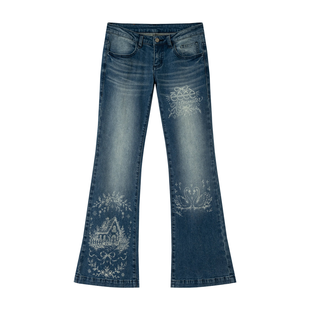 eeeeArtmonster Swan Manor Hand-Drawn Print Slim Fit Flared Jeans
