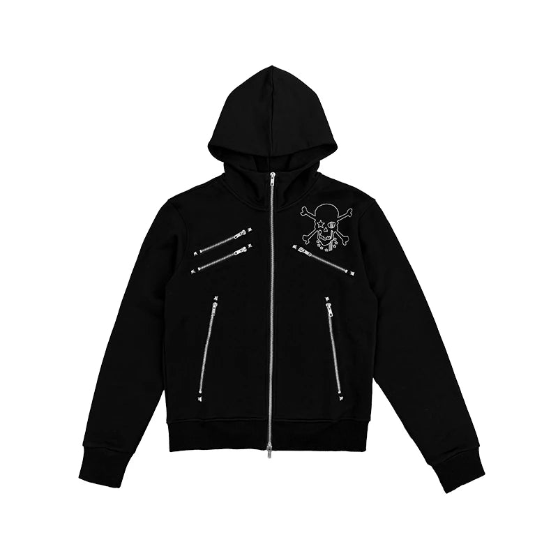 ColdAsia Skull Zip-Up Cropped Hooded Cardigan