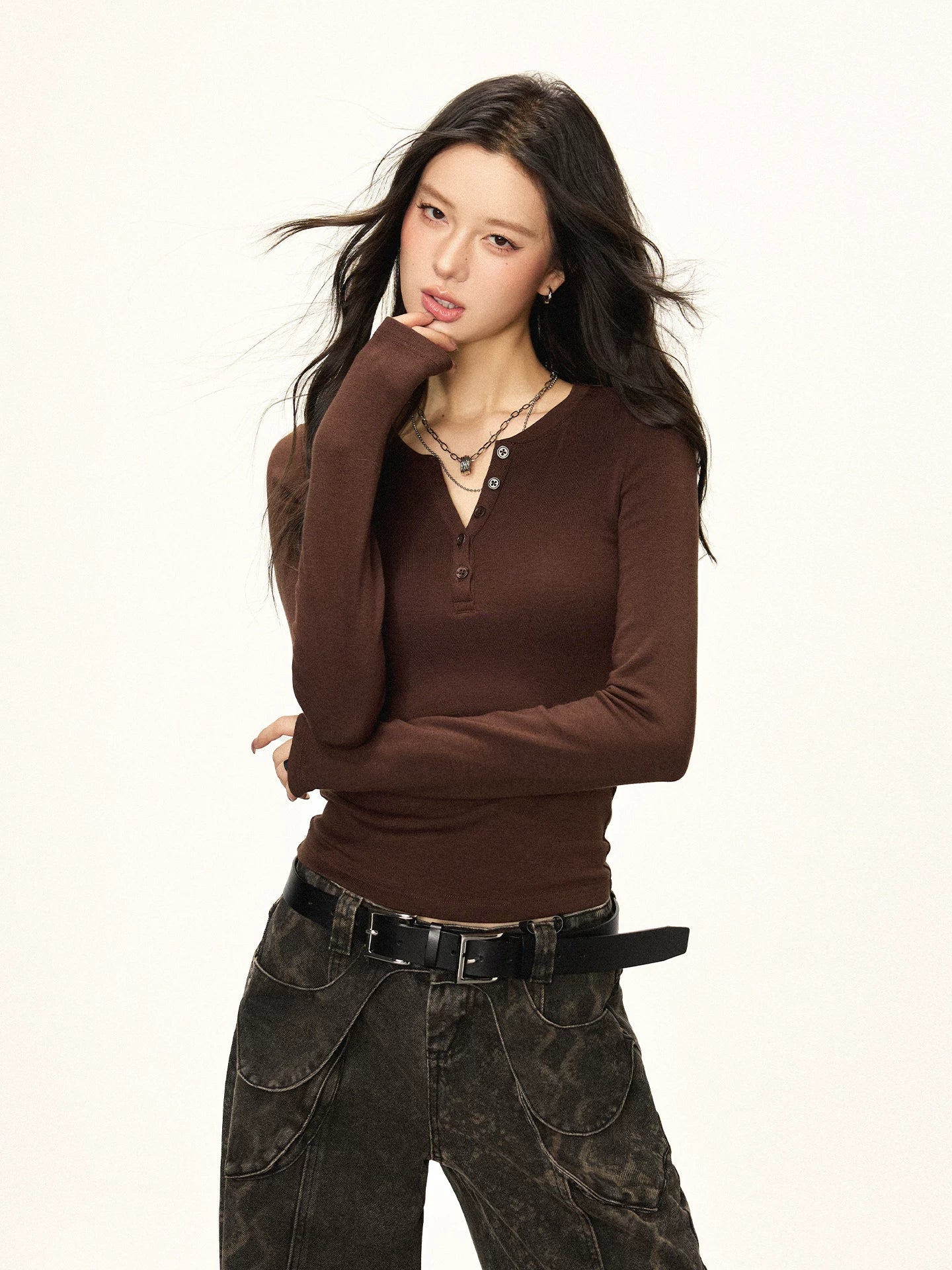 Cherry Melody V-neck Button Slim Slim Slim and Thin Fleece Bottom Long Sleeve