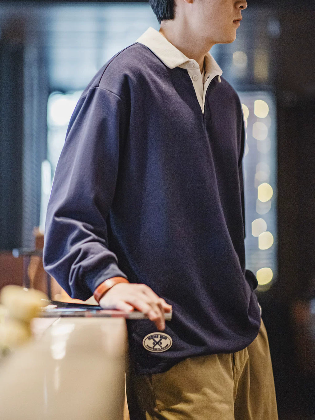 MADEN Knitted Contrast Collar Long-Sleeve Polo Shirt