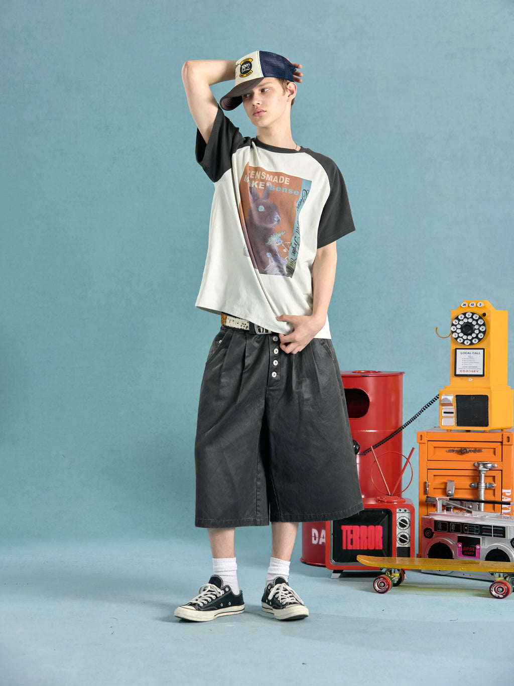 CENSMADE Retro Shoulder Splicing Casual Loose Tee