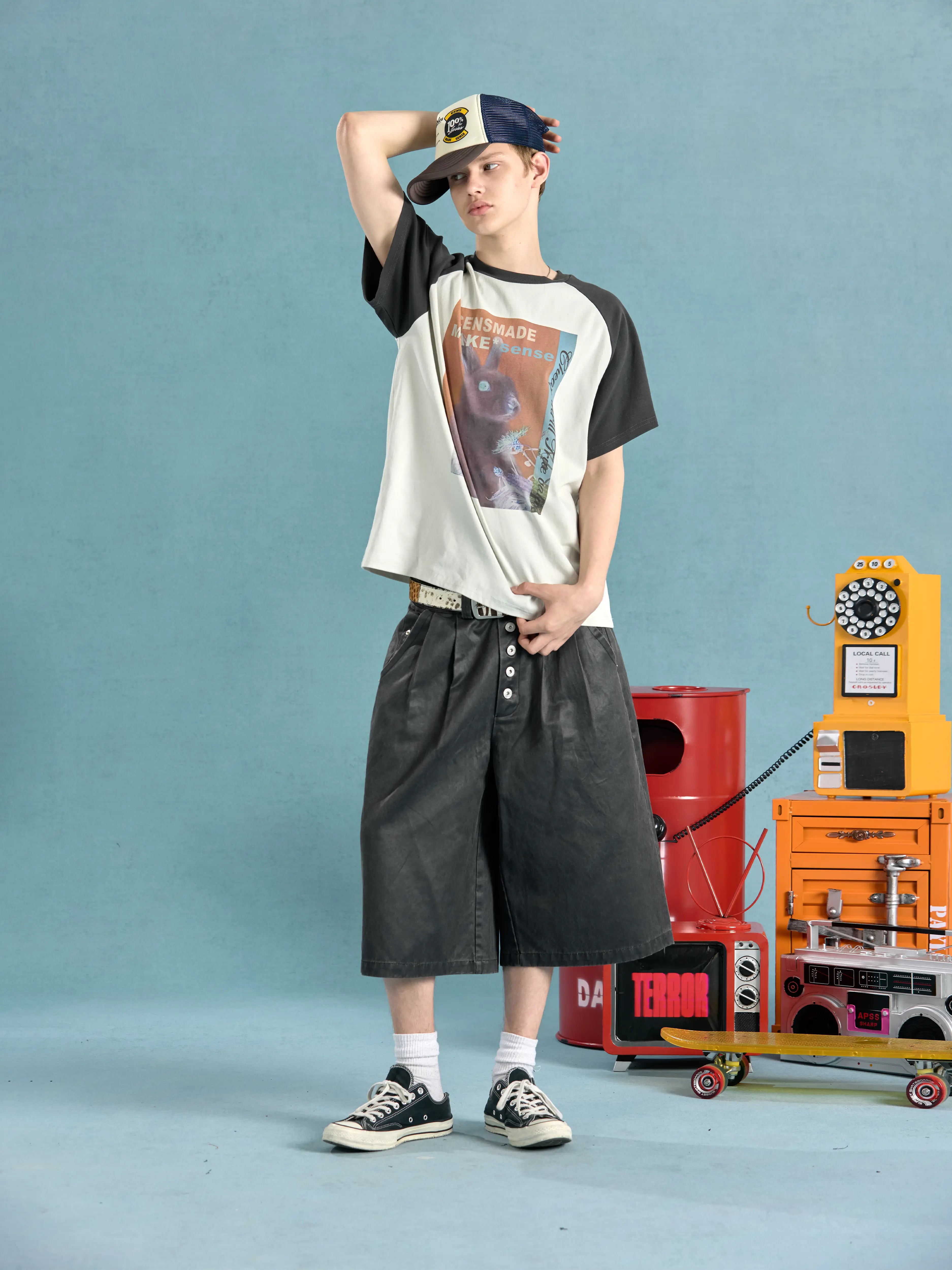 CENSMADE Retro Shoulder Splicing Casual Loose Tee