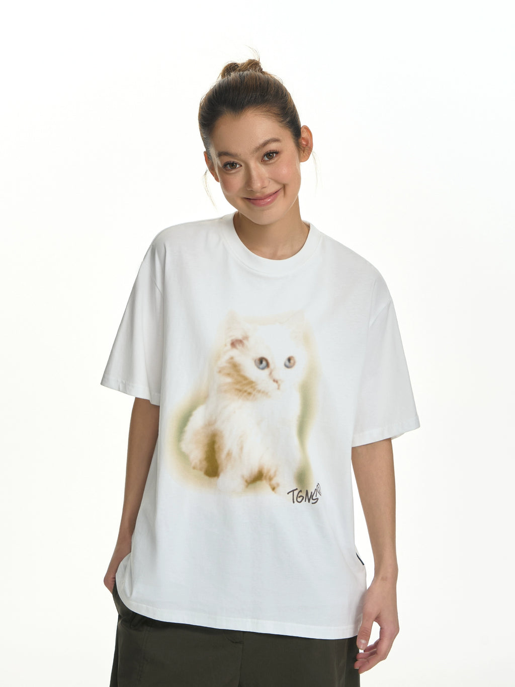 TGNS Fuzzy Cat Print Loose Versatile Tee