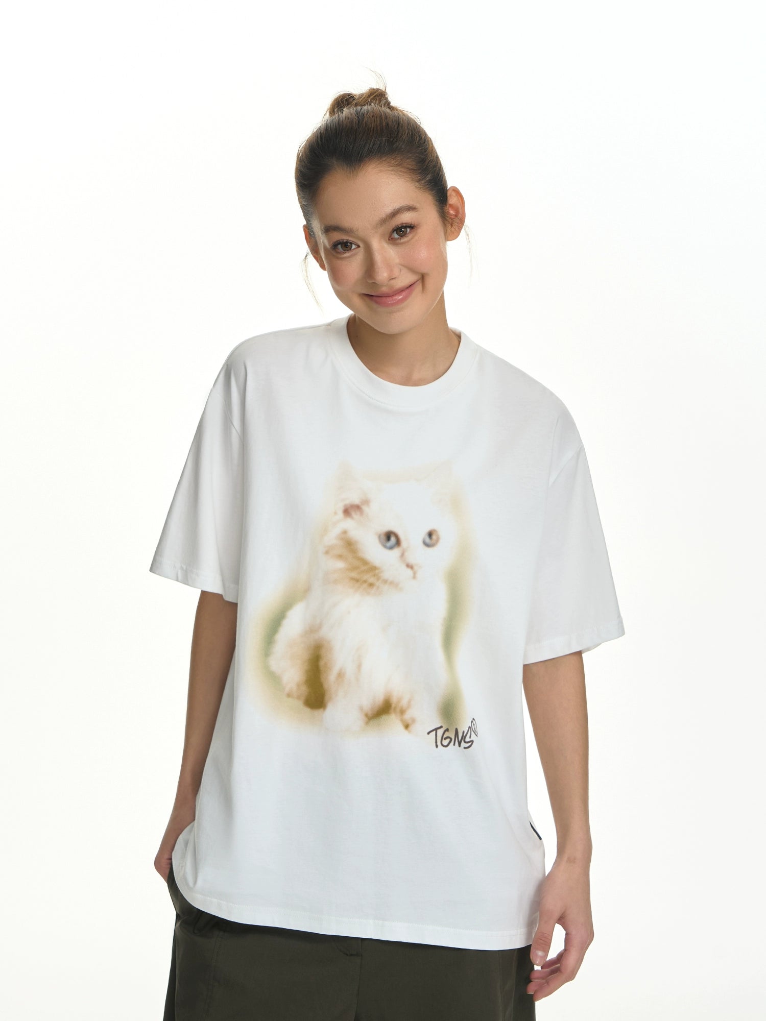 TGNS Fuzzy Cat Print Loose Versatile Tee