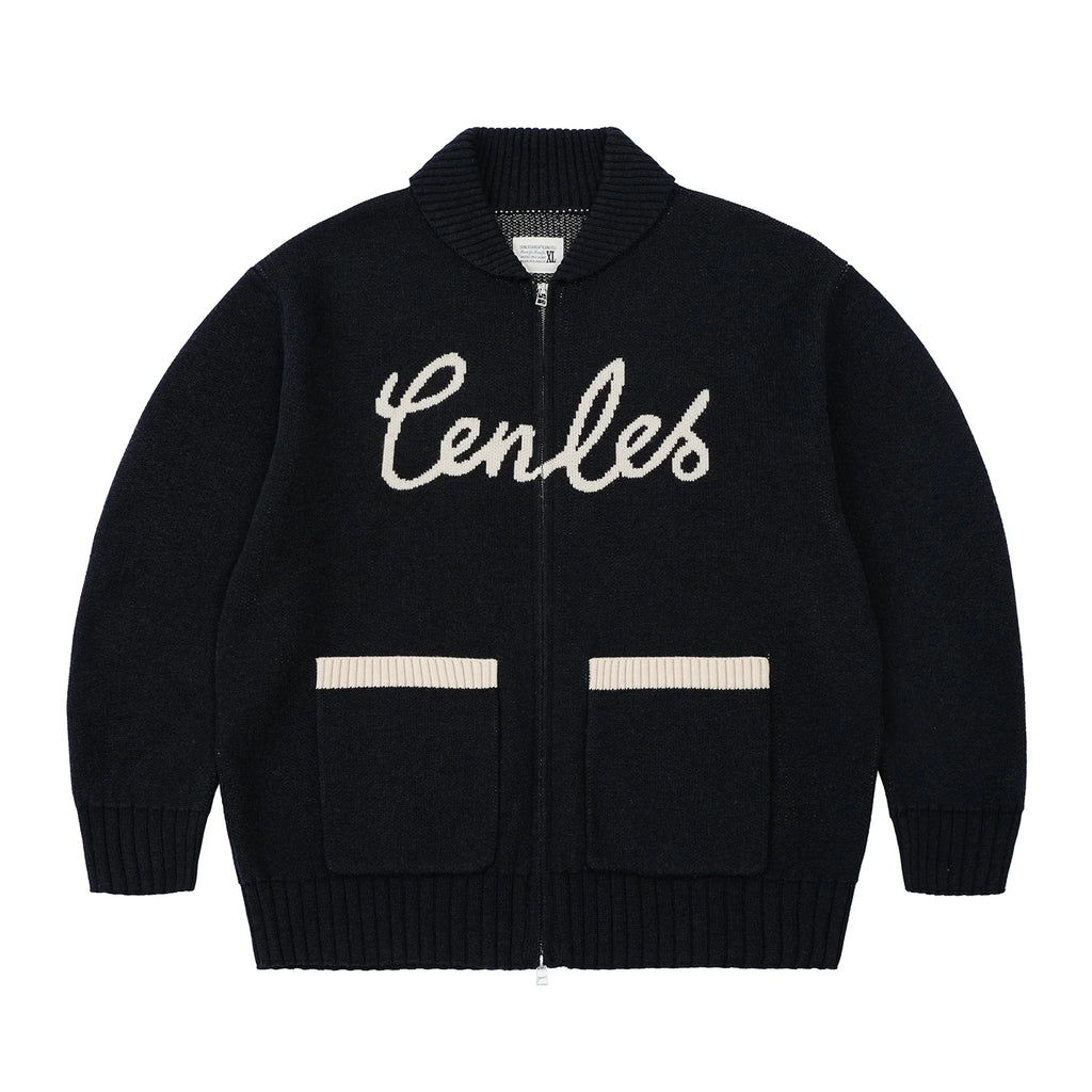 CENLES Wool-Blend Jacquard Knit Cardigan with Lapel