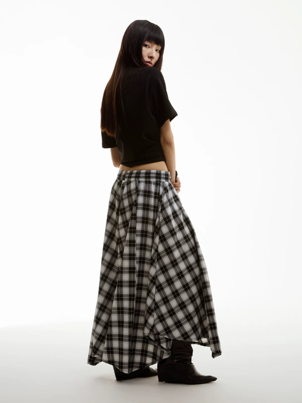 FUNKYFUN Retro Check Wide-Leg A-Line Skirt Pants