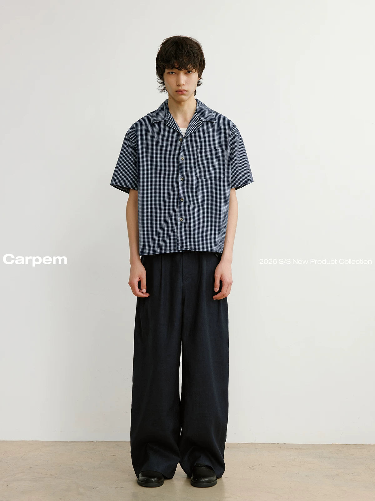 CARPEM Carbon Brushed Cuban Collar Plaid Loose Shirt