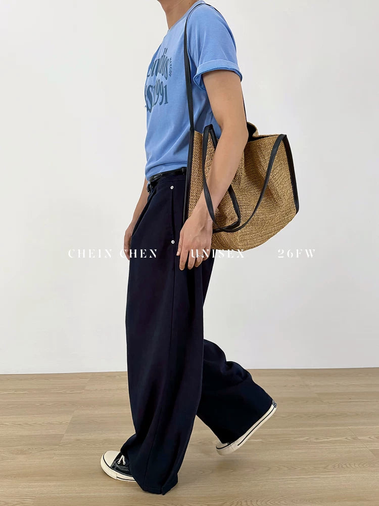 CHEIN CHEN Wide-Leg Pleated Denim Jeans