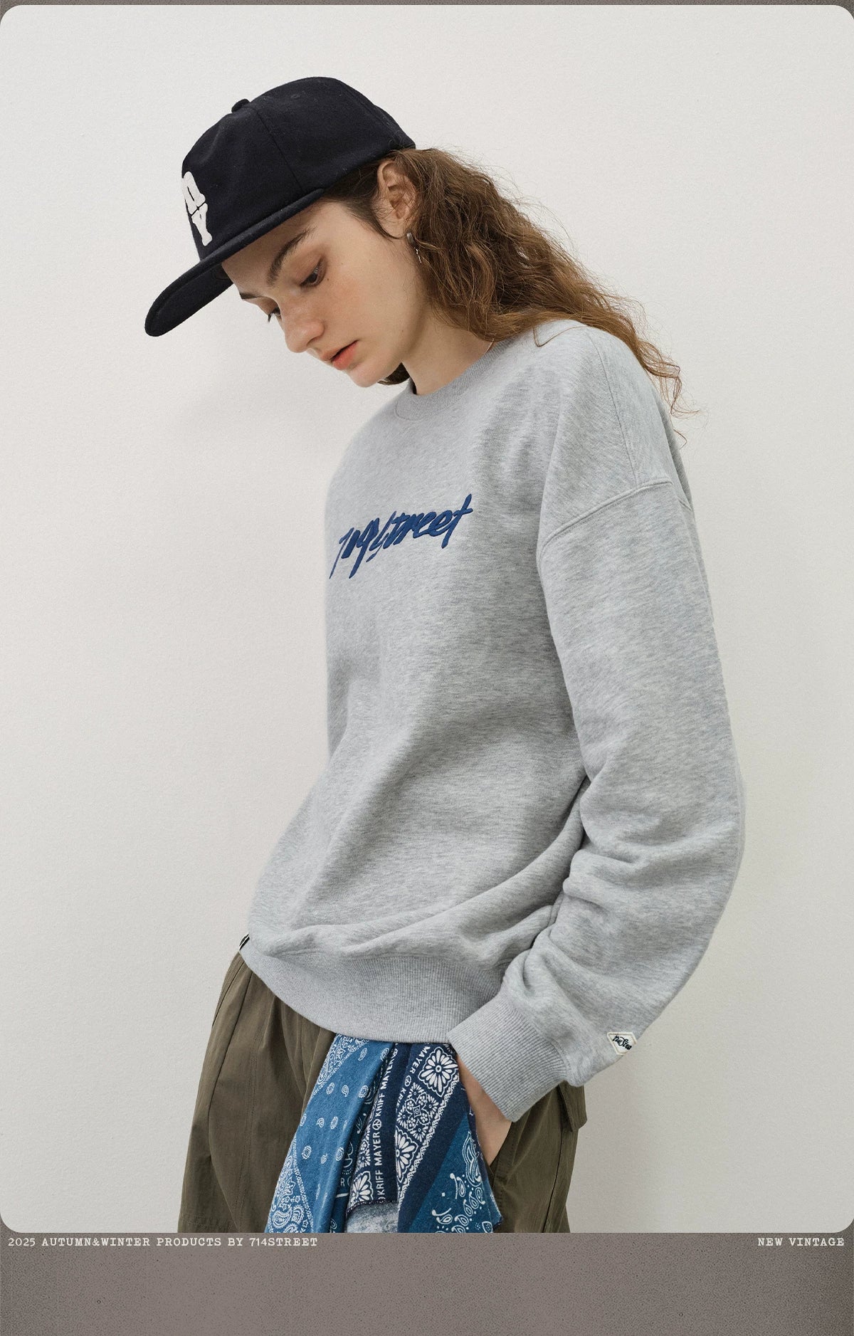 714Street Low Shoulder Sleeves Loose Silhouette Crew Neck Fleece Sweater