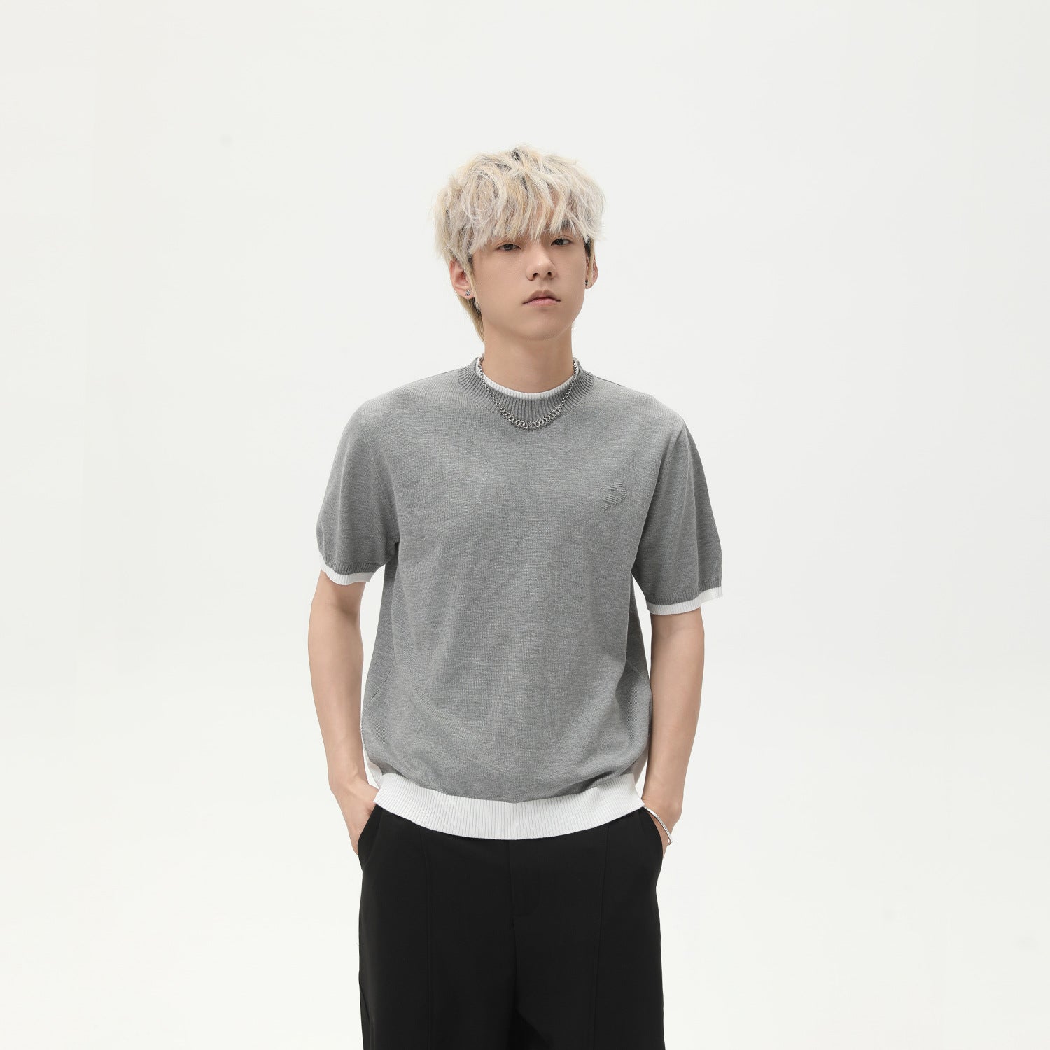 MTLCLOTHES Korean Version of Round Neck Knitted Fake Two-piece Color Matching Tee