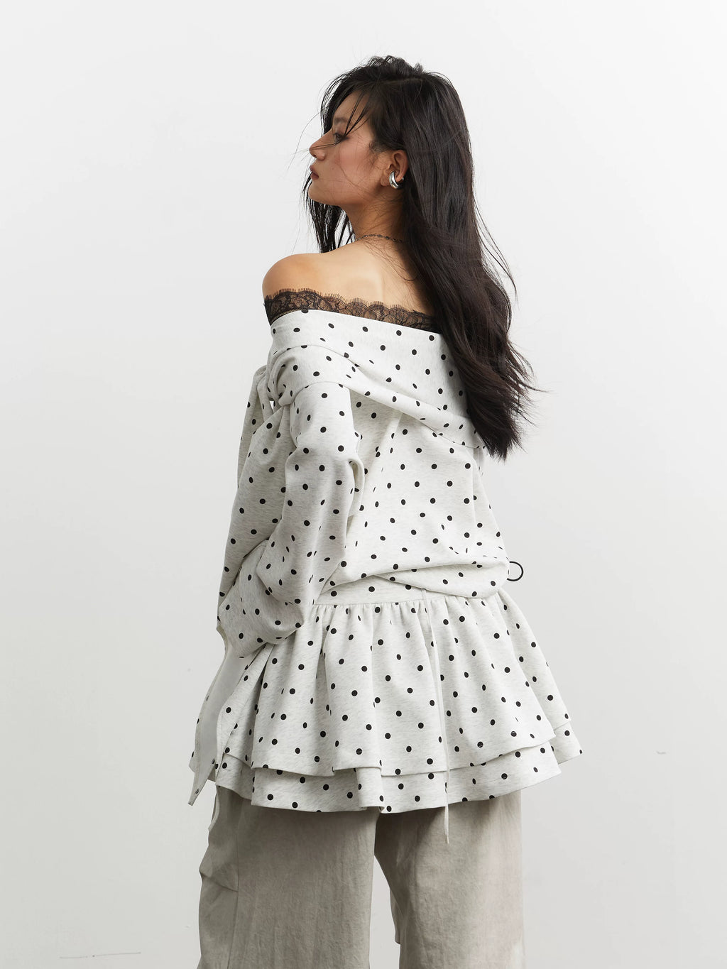JNYLON Strappy Off-the-shoulder Polka Dot Sweater