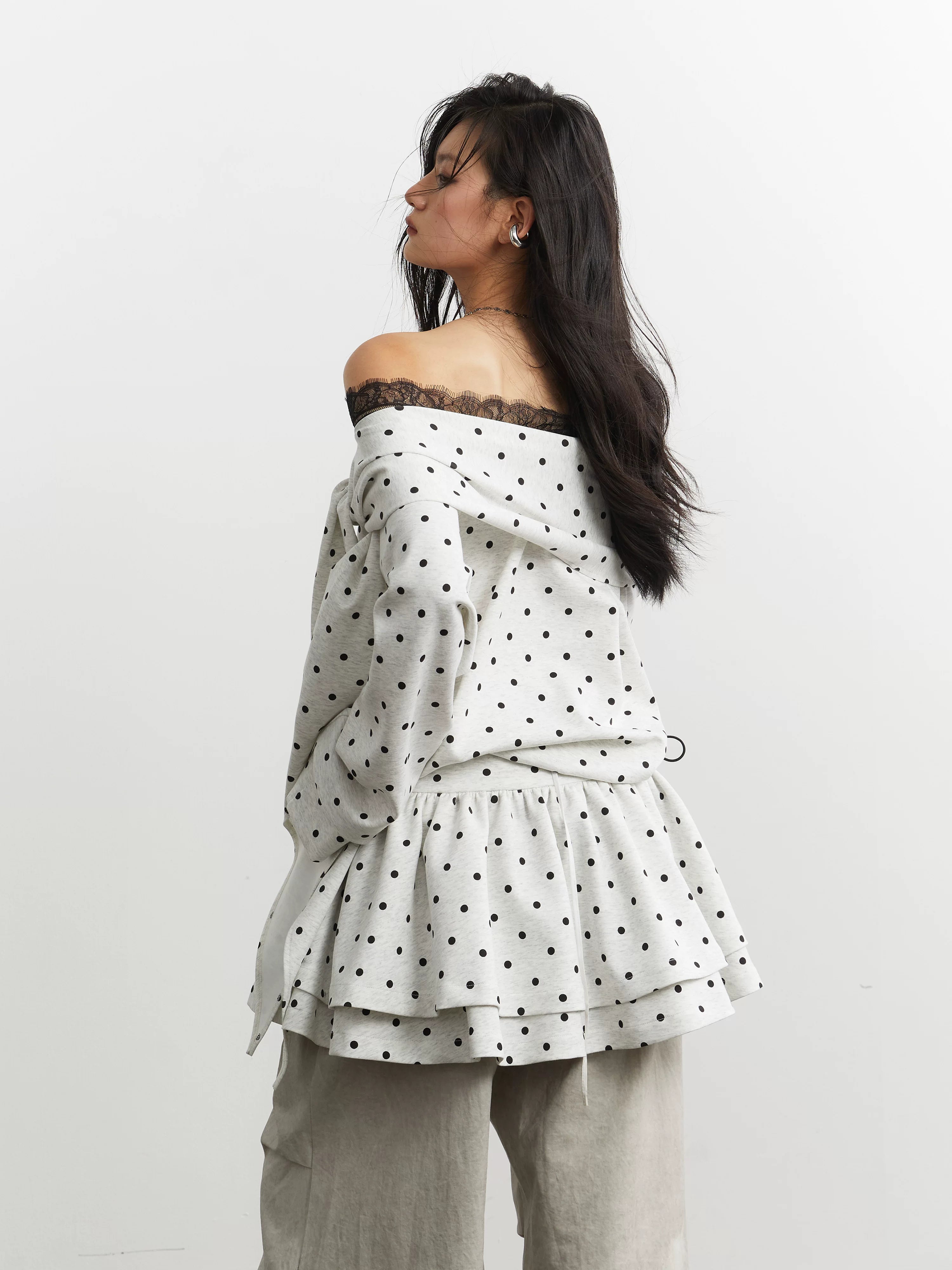 JNYLON Strappy Off-the-shoulder Polka Dot Sweater