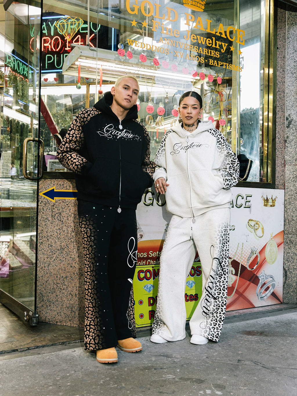 GRAF Gradient Snow Leopard Rhinestone Fleece-Lined Sweatpants