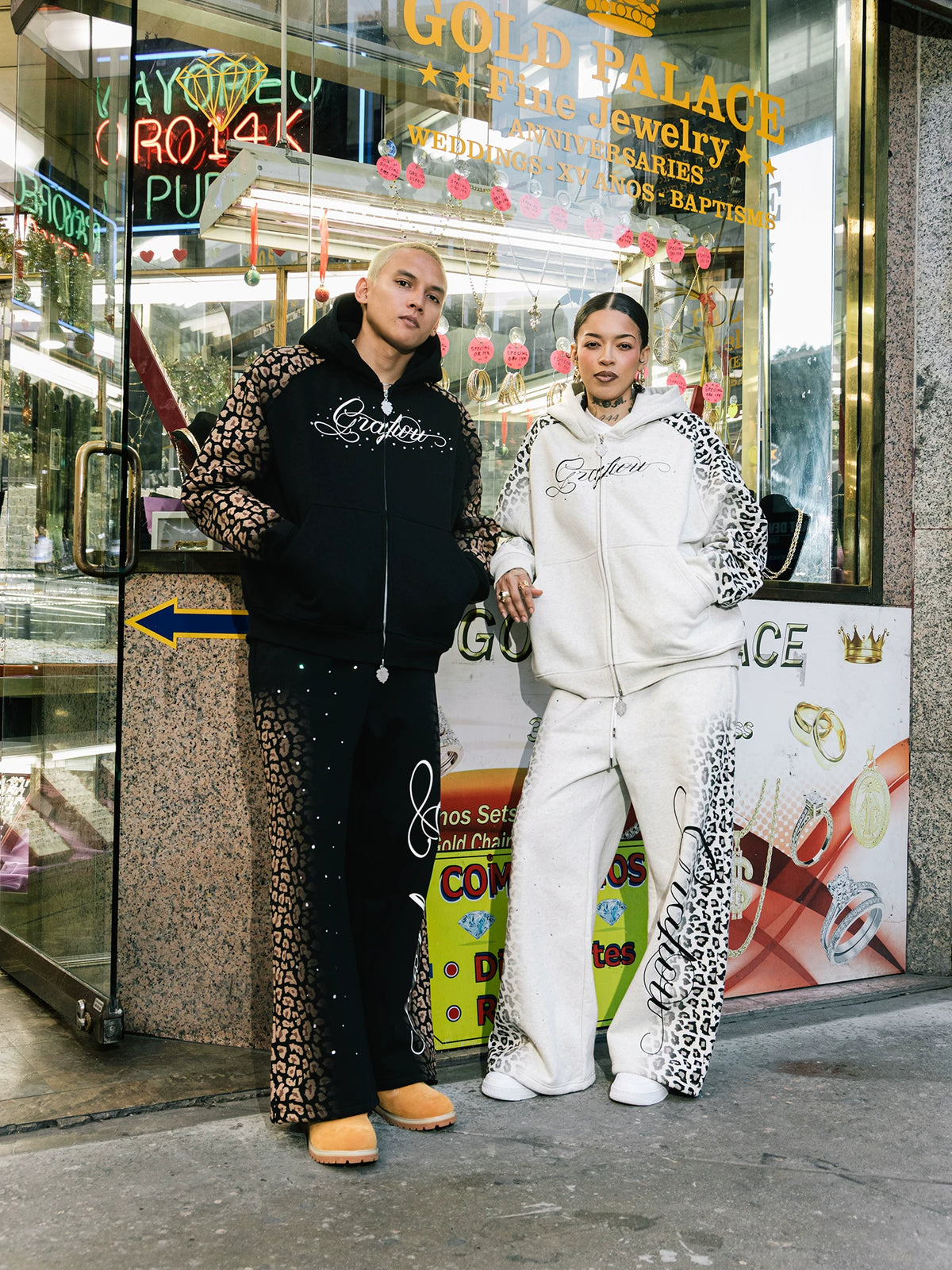 GRAF Gradient Snow Leopard Rhinestone Fleece-Lined Sweatpants