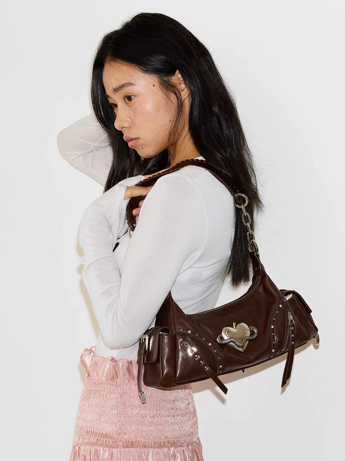 VFVF Brown Faux Leather Zip-Top Hobo Bag