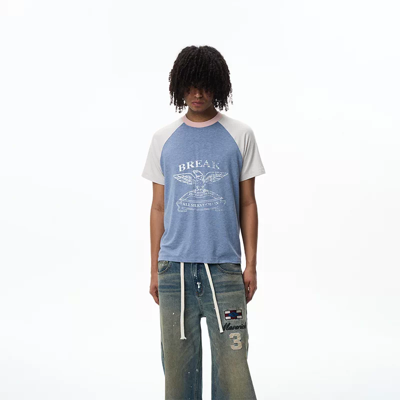 EXITMODE 26SS American Retro Letter Print Contrast Raglan Sleeve T-Shirt