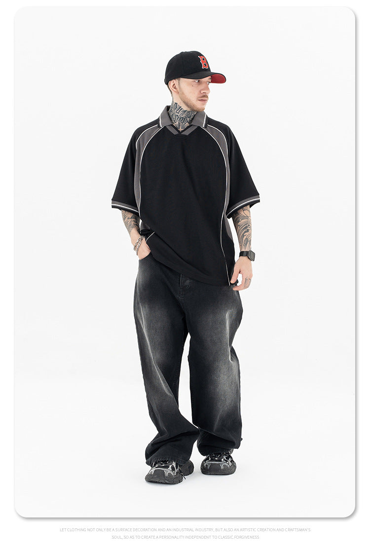 FORGIVNESS Lapel Contrasting Color Splicing Polo Shirt