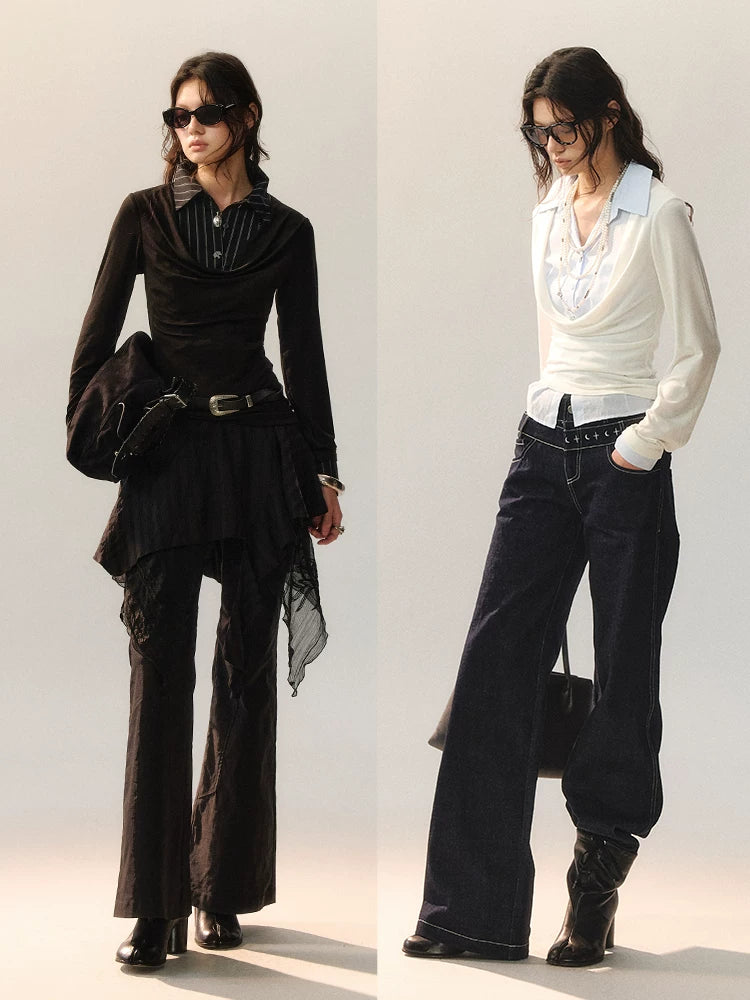 AnnoMundi White Feather Silk Draped Neck Slim-Fit Long-Sleeve Tee