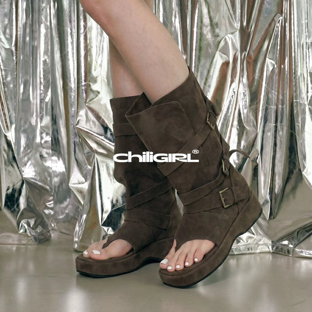 CHILIGIRL Buckle Strap Microfiber Mid-Calf Sandal Boot