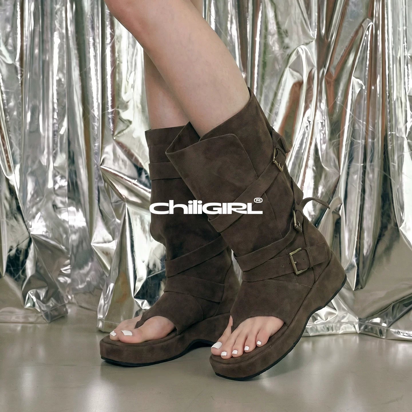 CHILIGIRL Buckle Strap Microfiber Mid-Calf Sandal Boot