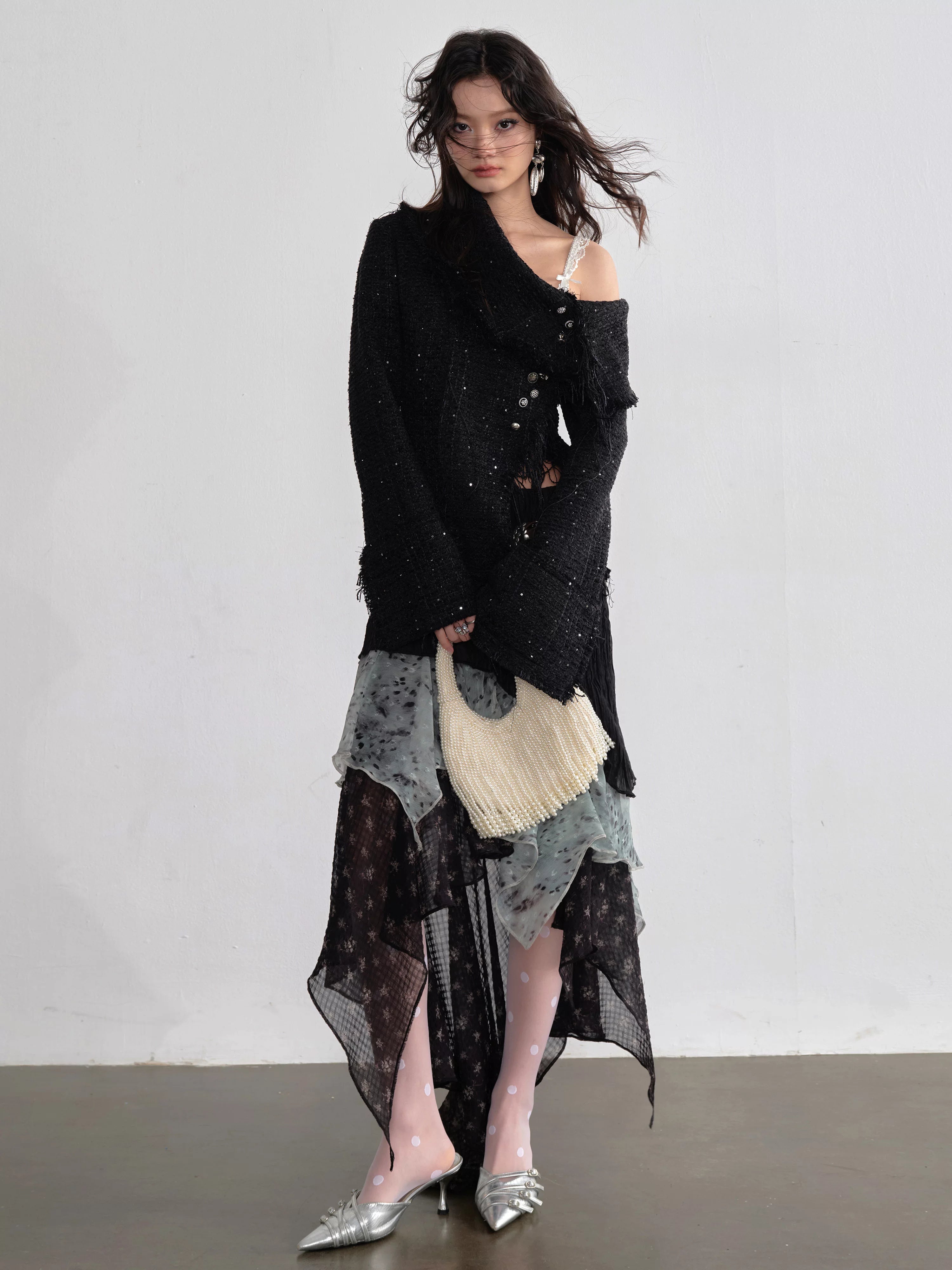 JNYLON Tassel Slanted Front Metal Button Chanel-style Jacket