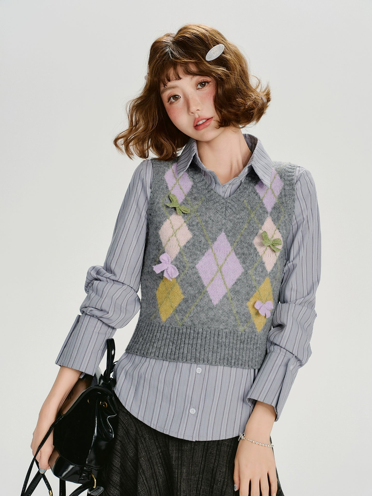 Girlyhalo Vintage Rhombus Bow V-Neck Vest
