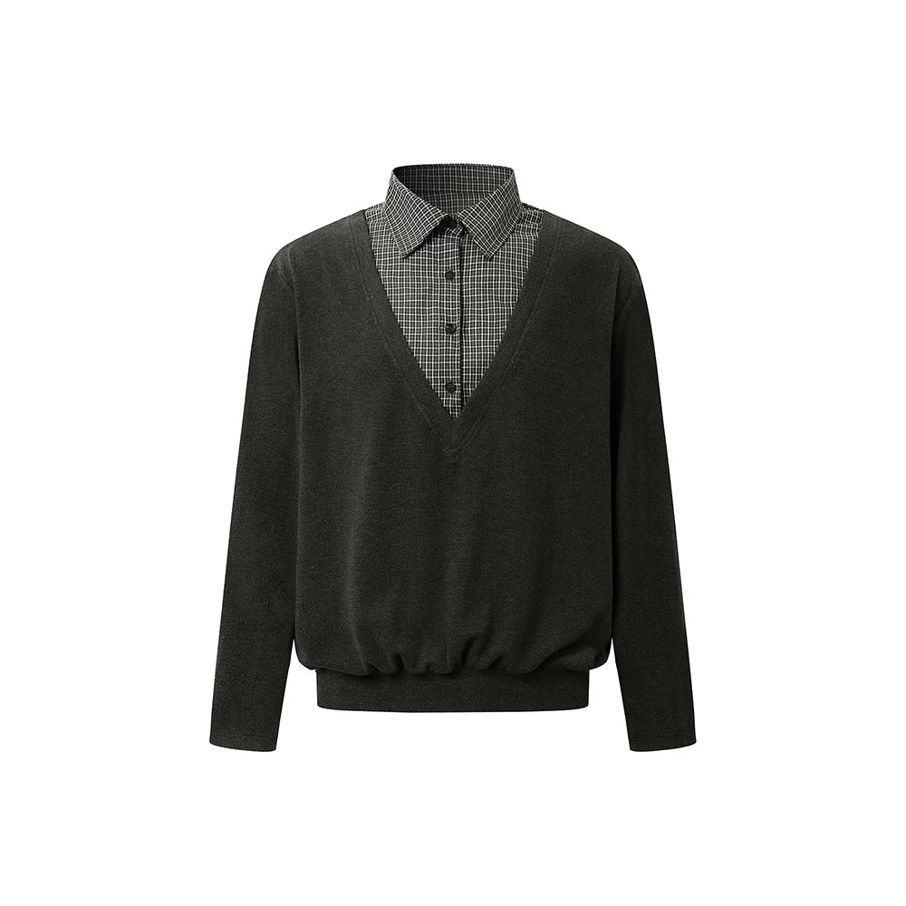 DIMC Plaid Splicing V-neck Fake Two-piece Long Sleeve