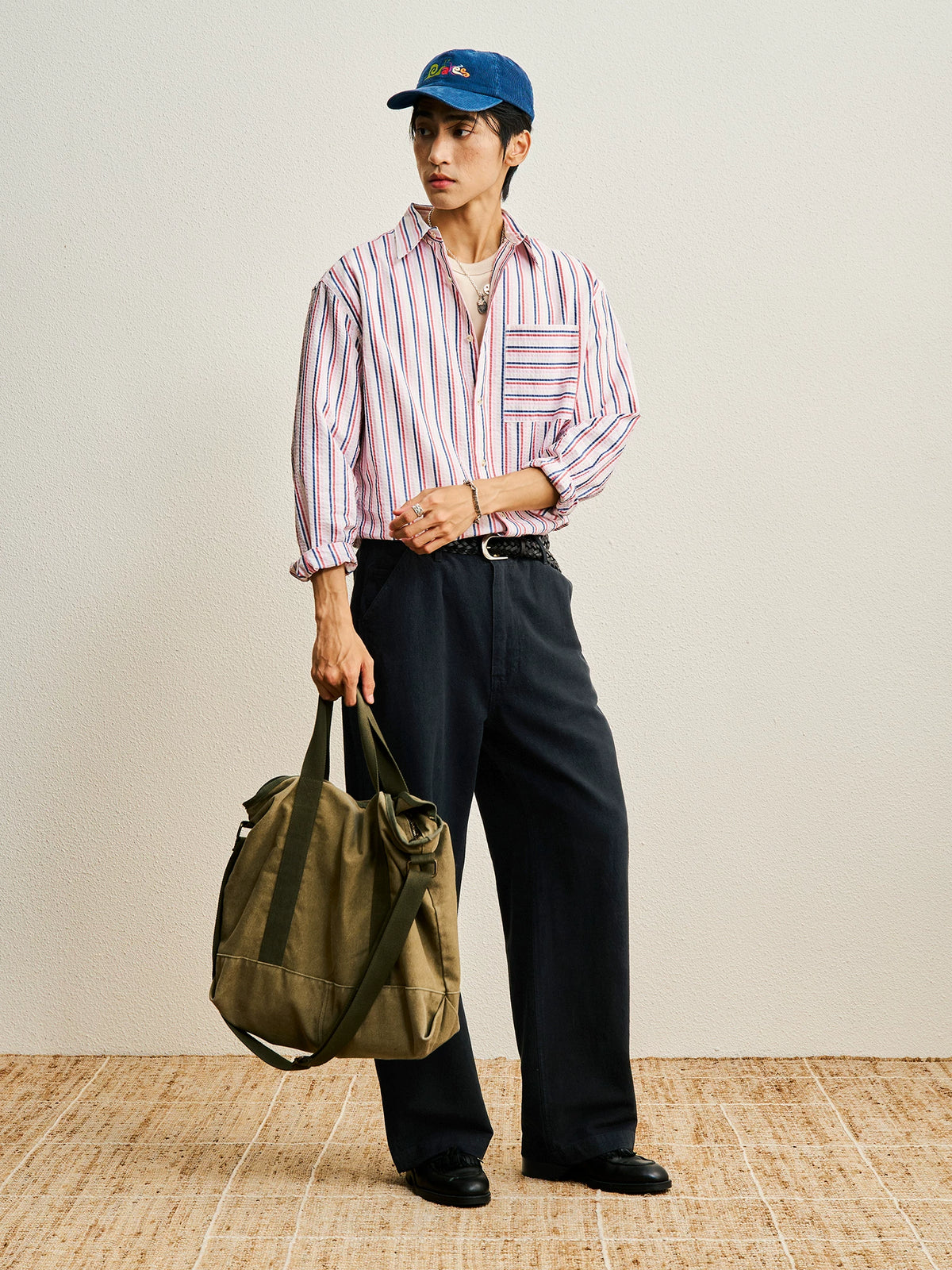 CENLES Striped 110g Breathable Loose Shirt Jacket