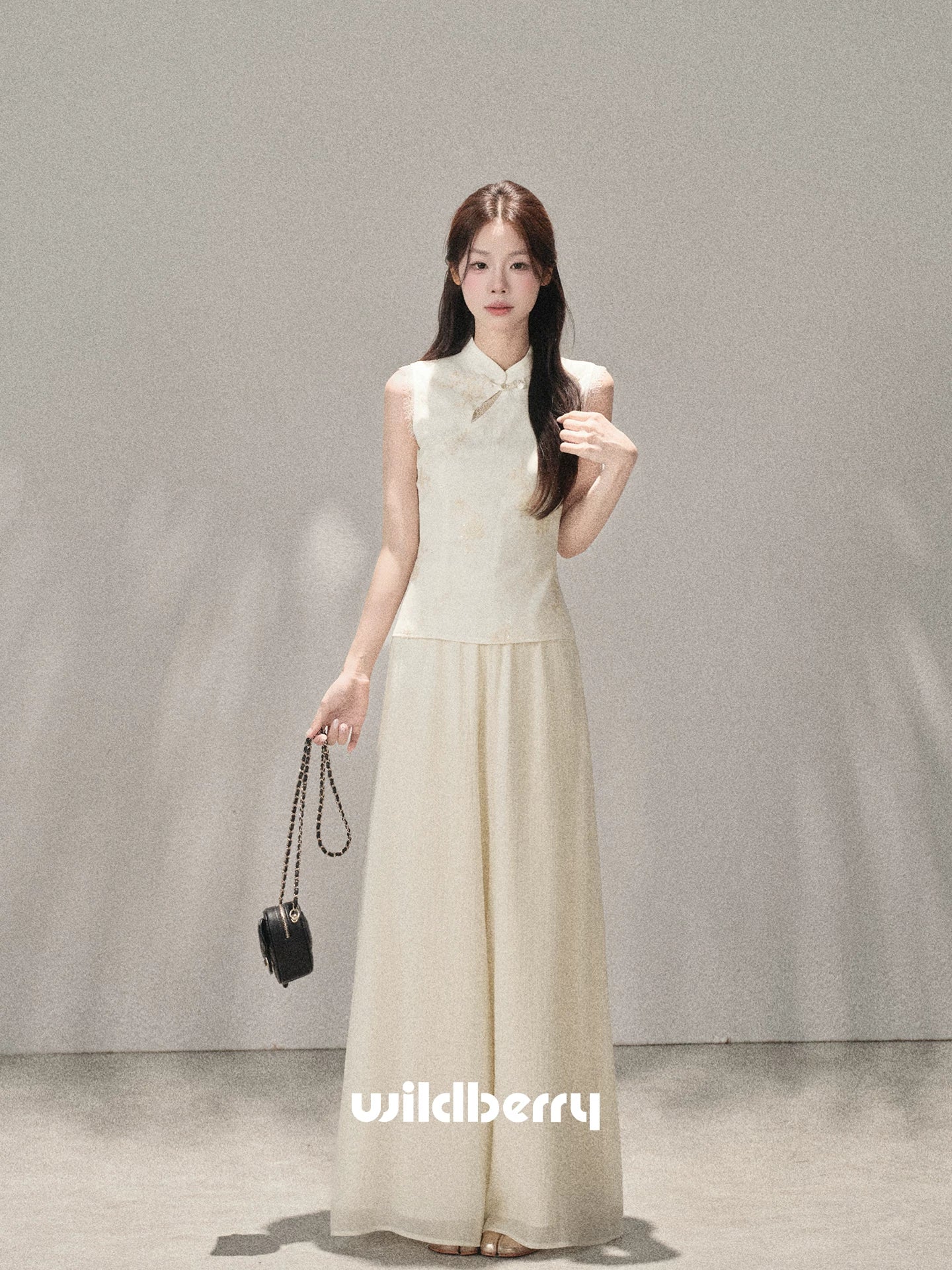 Wildberry Sleeveless Shirt High Waist Straight Chiffon Casual Pants Set