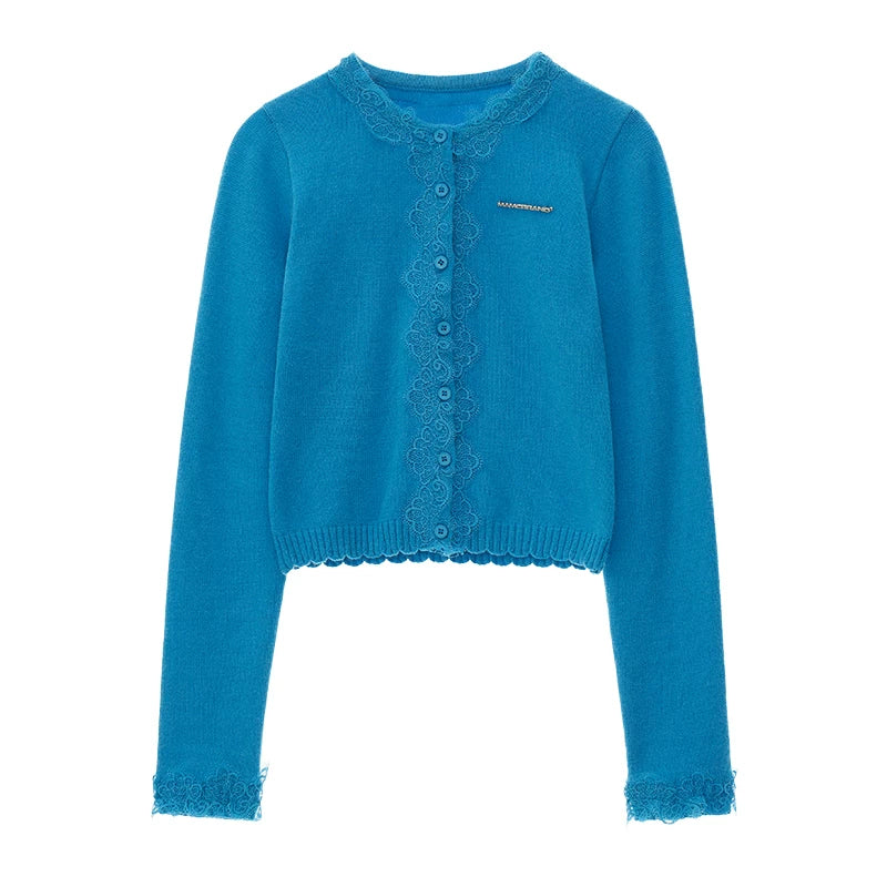 MAMC Lace Trim Cropped Knit Cardigan