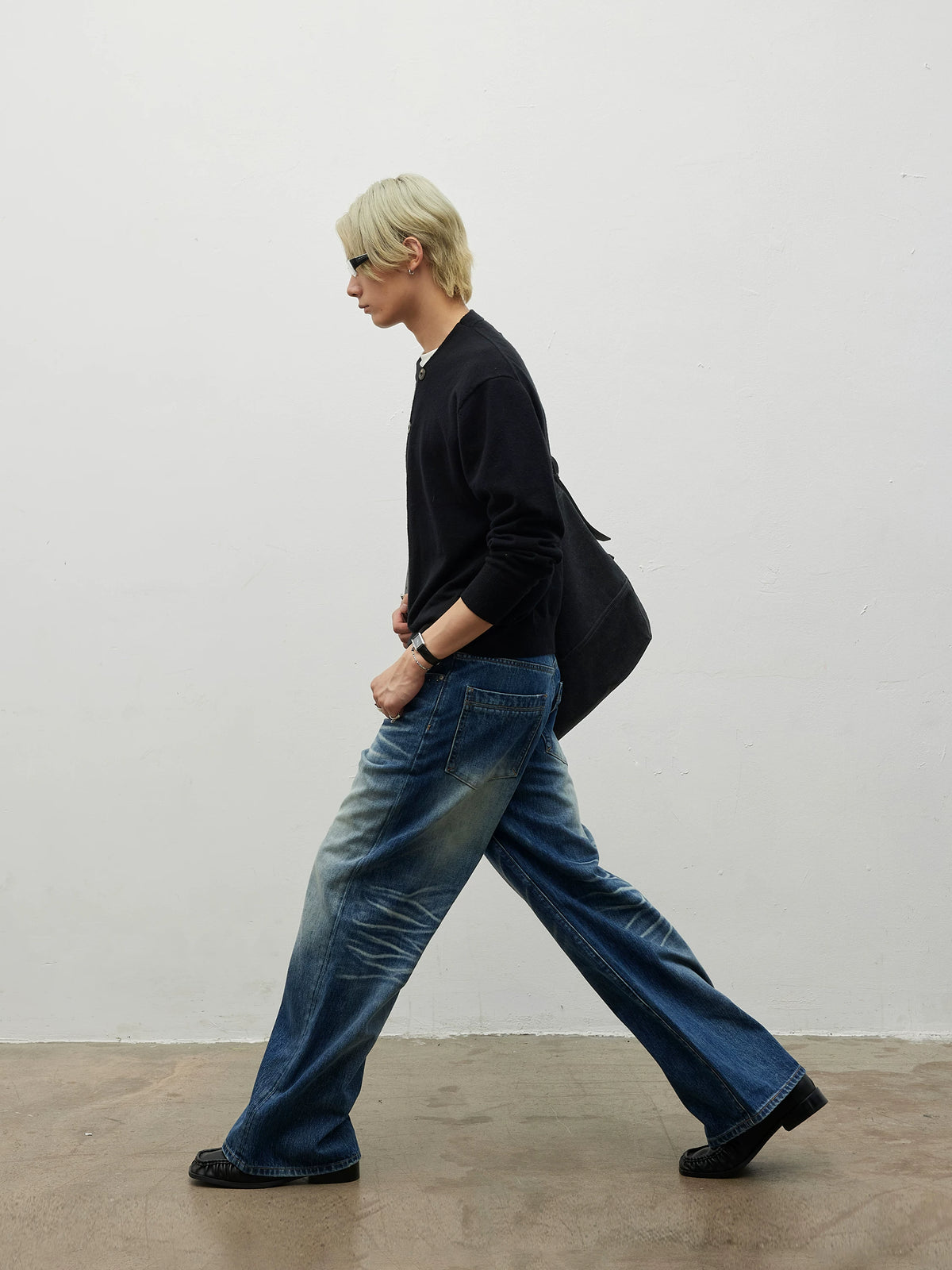 TERRAINCOGNITA Deep Blue Washed Whiskered Straight-Leg Jeans