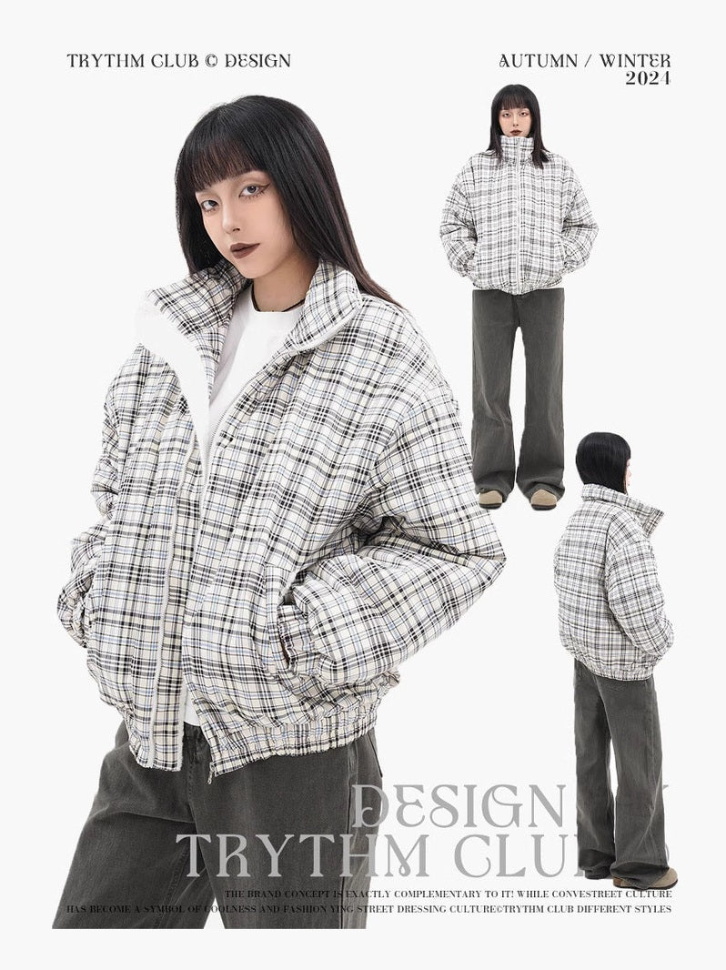 TRYTHMCLU Vintage Plaid Stand-Up Collar Cotton Suit