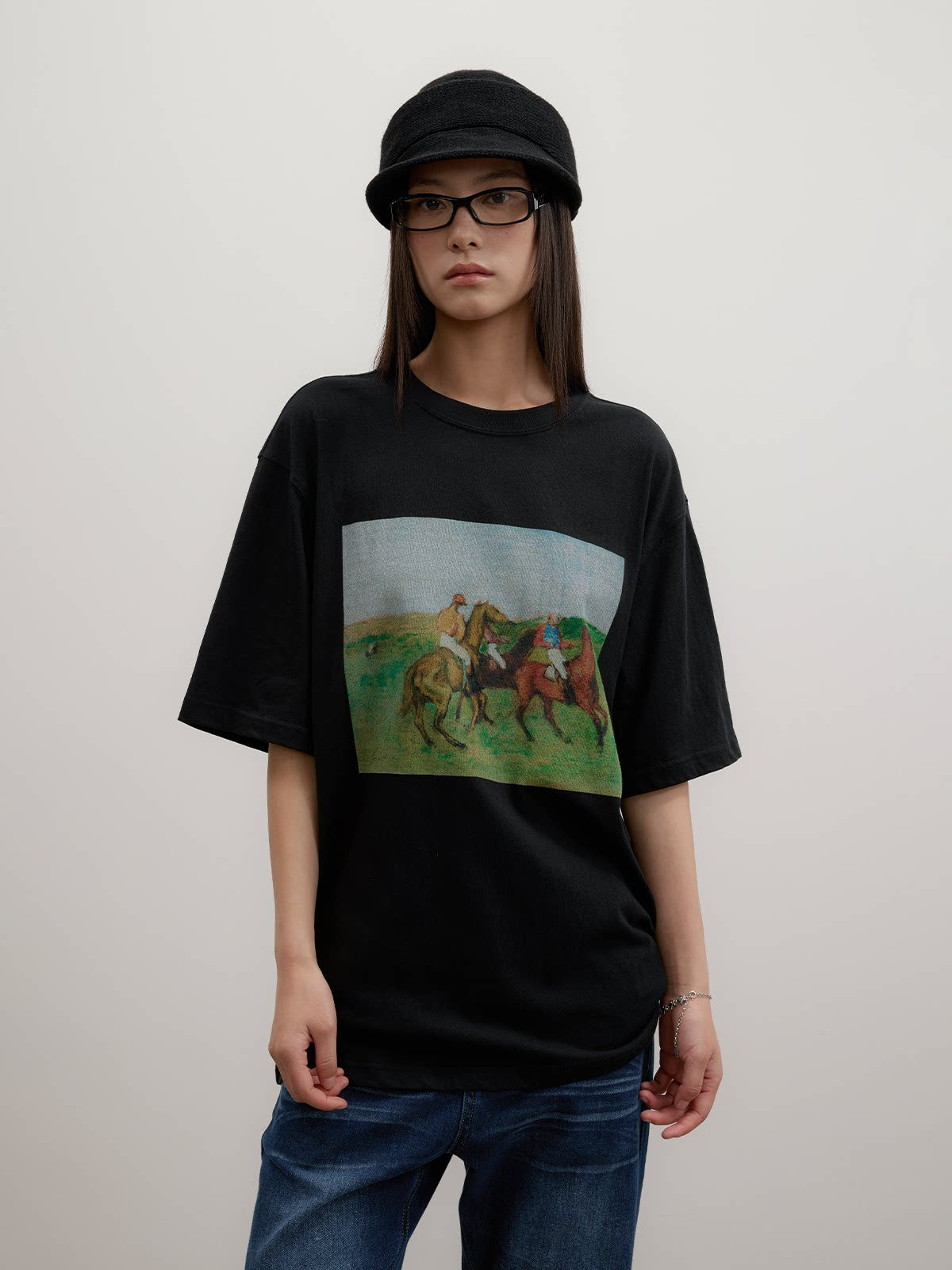 FUNKYFUN Vintage Equestrian Crayon Print Oversized Tee