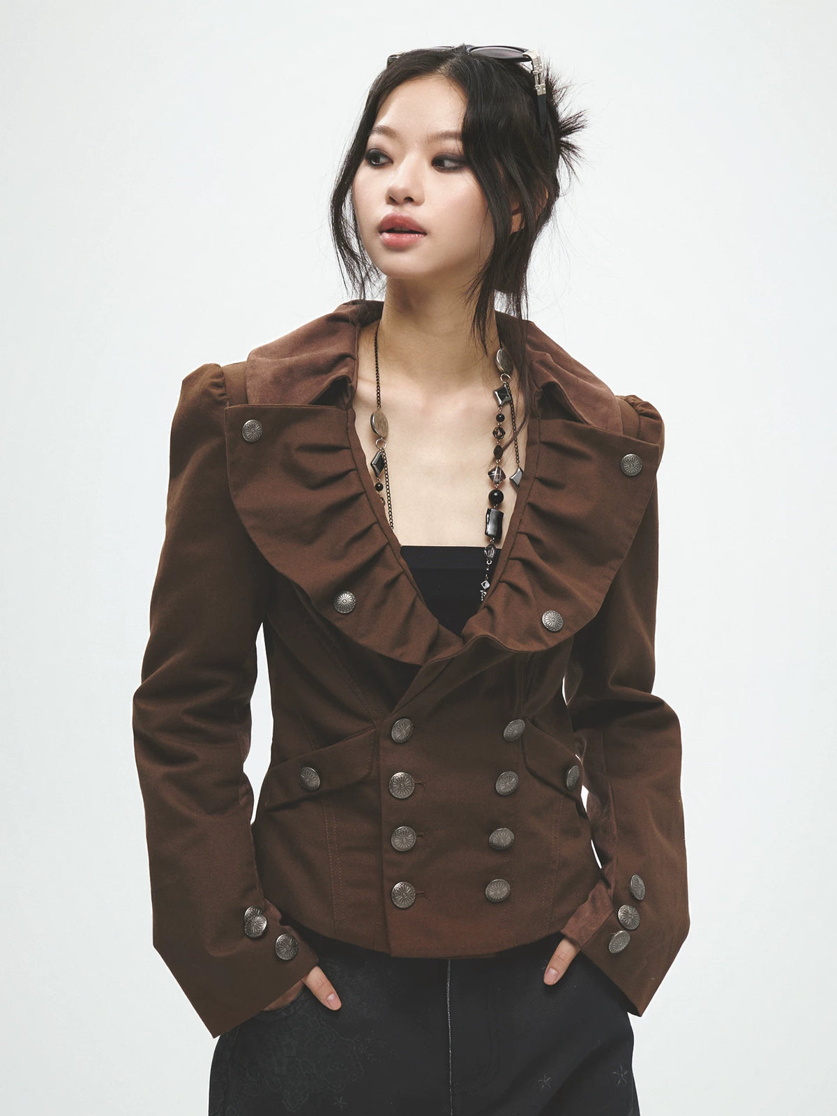 FayChui Brown Lace-Up Waist Slim Fit Suit Jacket