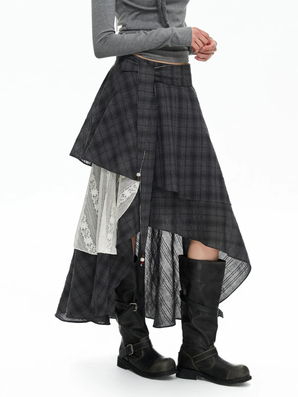 TGNS Berkeley Lace Trim Plaid Mid-Rise Long Skirt
