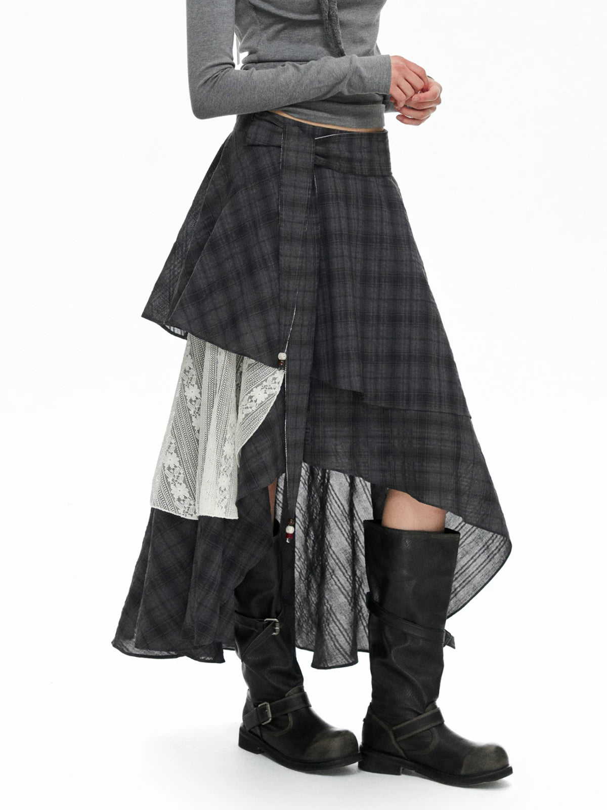 TGNS Berkeley Lace Trim Plaid Mid-Rise Long Skirt