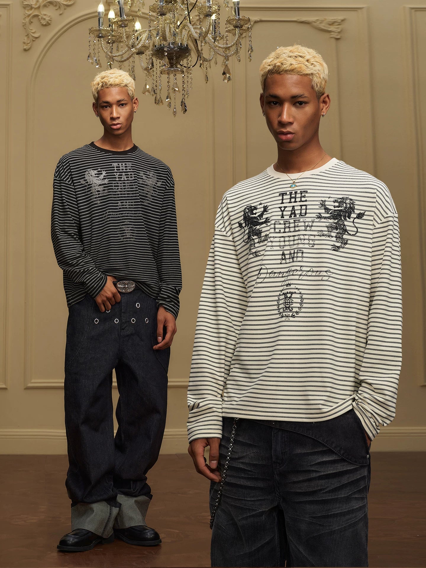 YADcrew Double Lion Mottled Slogan Printed Striped Long Sleeve