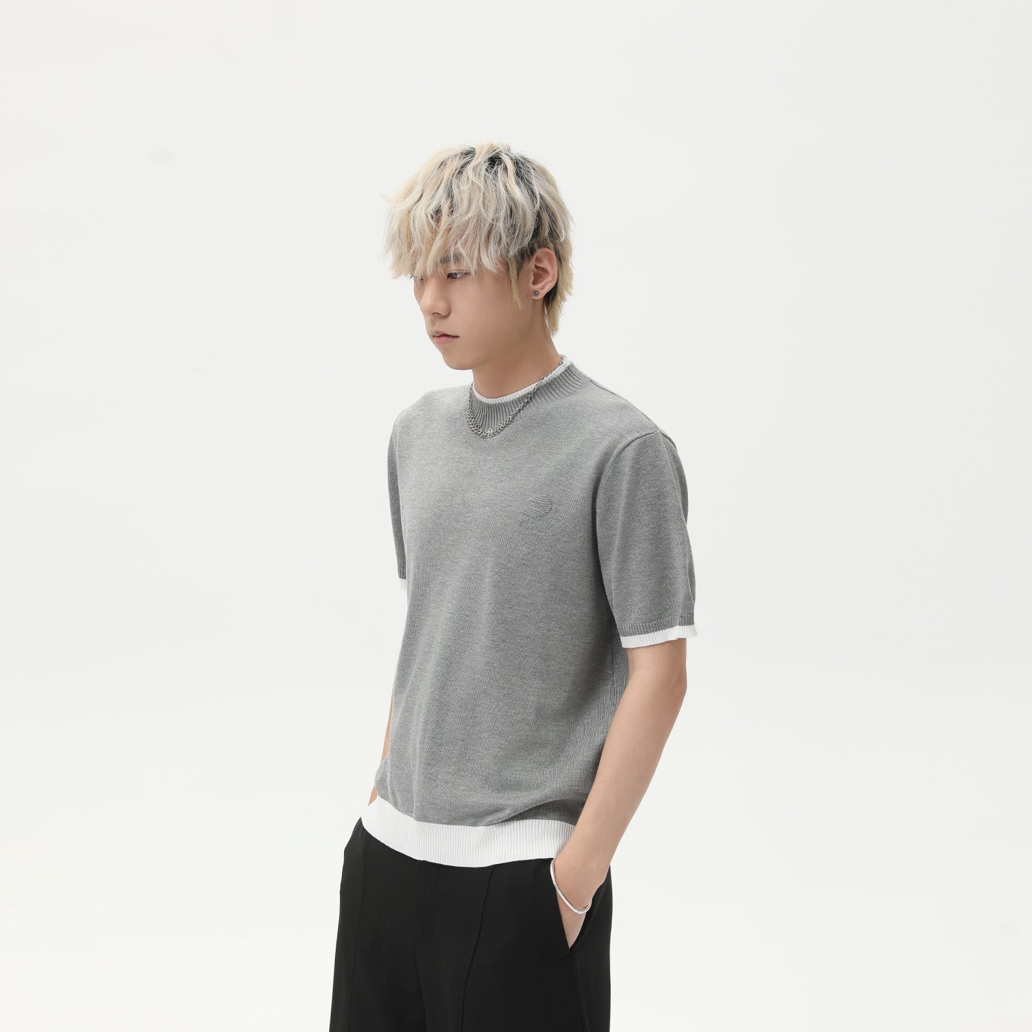 MTLCLOTHES Korean Version of Round Neck Knitted Fake Two-piece Color Matching Tee