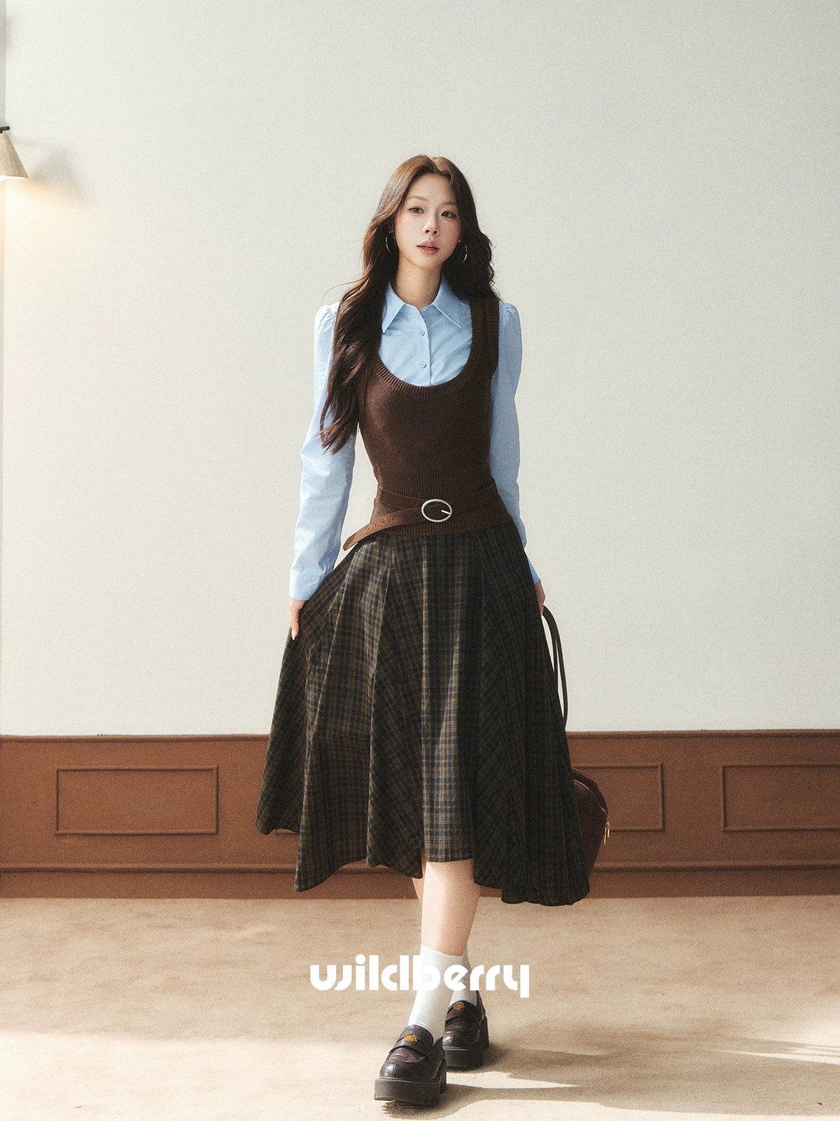 Wildberry Brown Plaid High-Waist A-Line Asymmetric Skirt