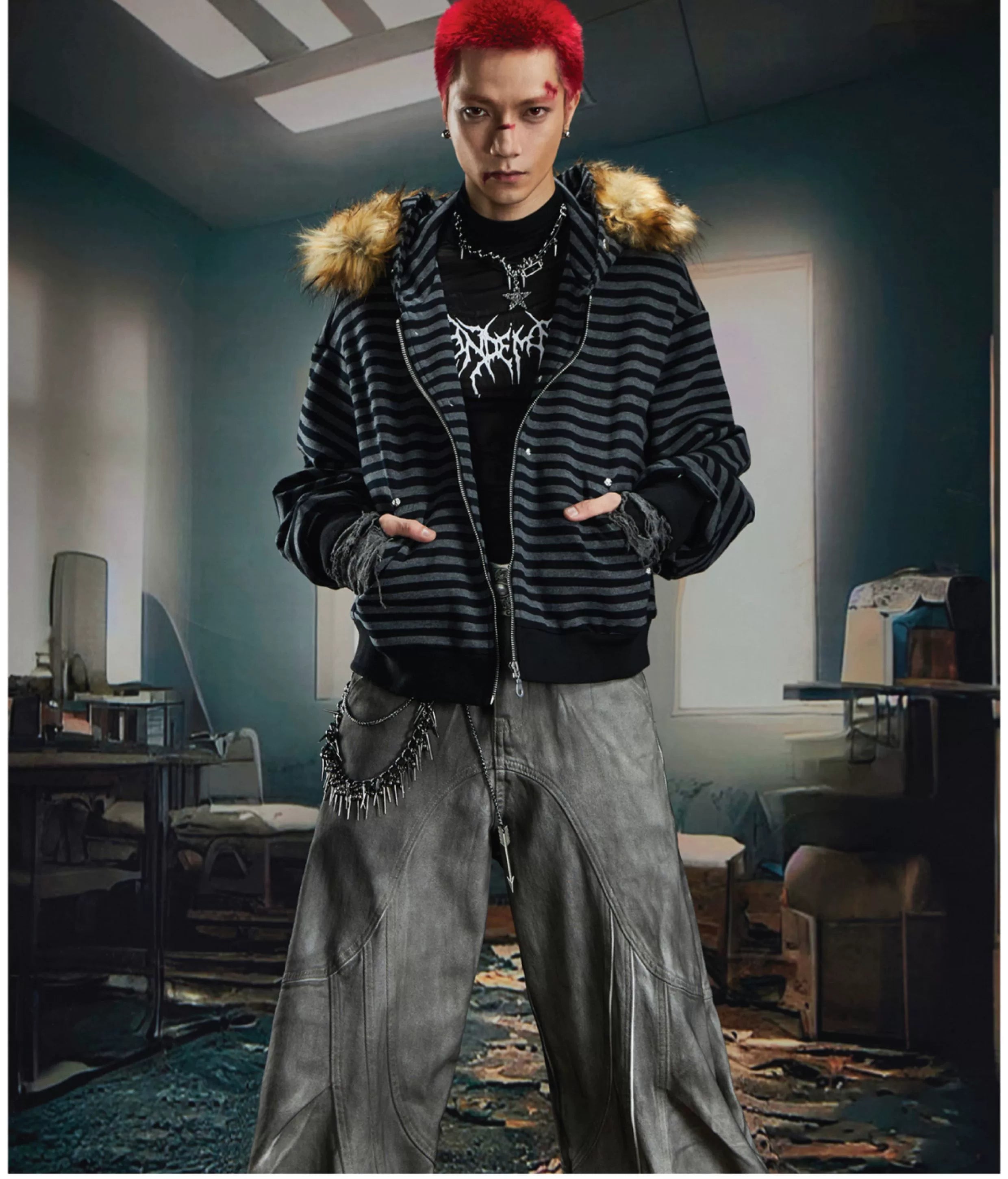 NOMANIAI Hairy Stitching Striped Zipper Hooded Sweater Jacket