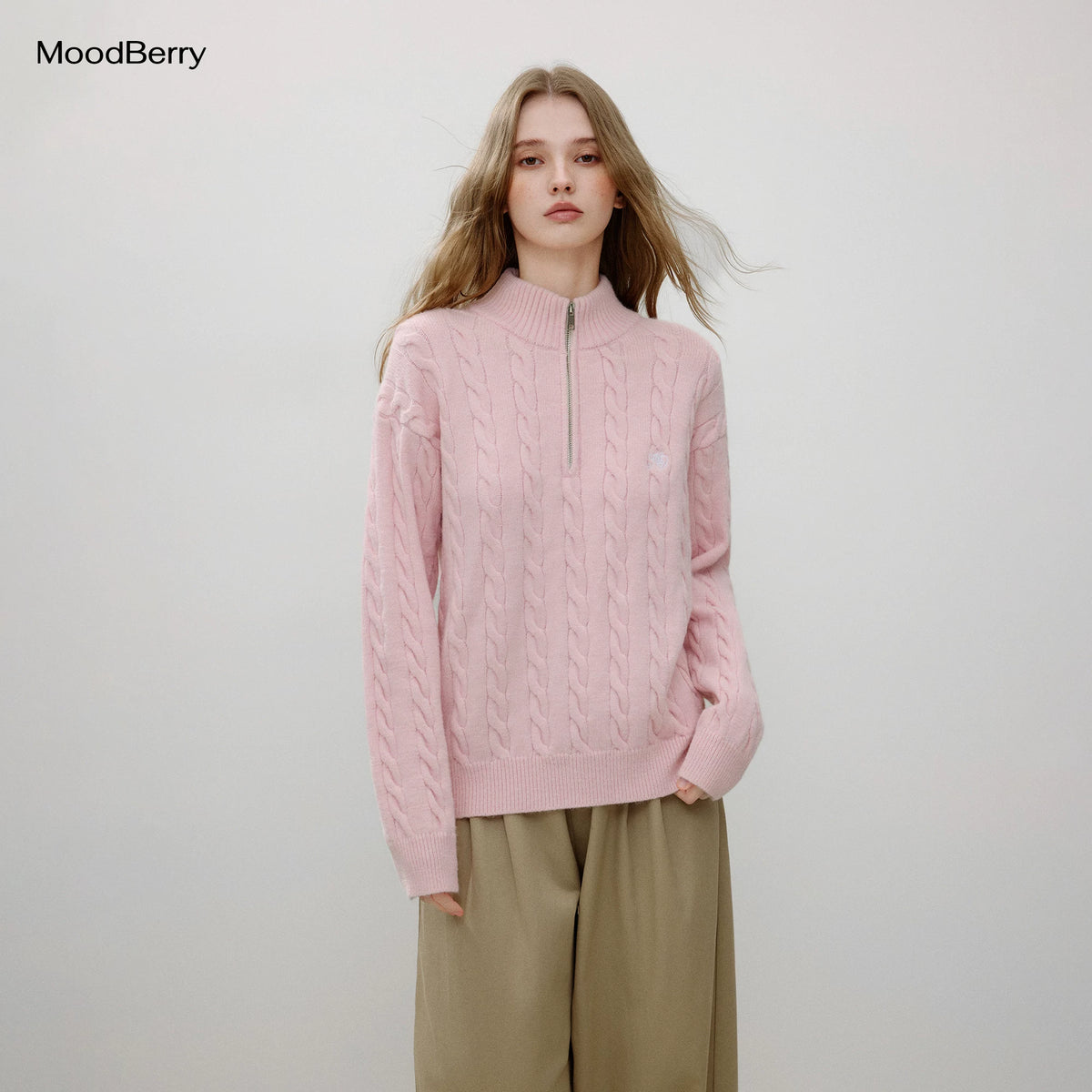 MoodBerry Half-Zip Cable Knit Sweater