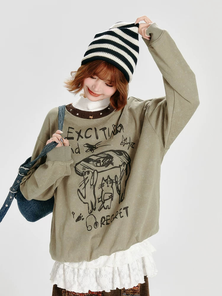 Girlyhalo Retro Crew Neck Graffiti Printingsweatshirt