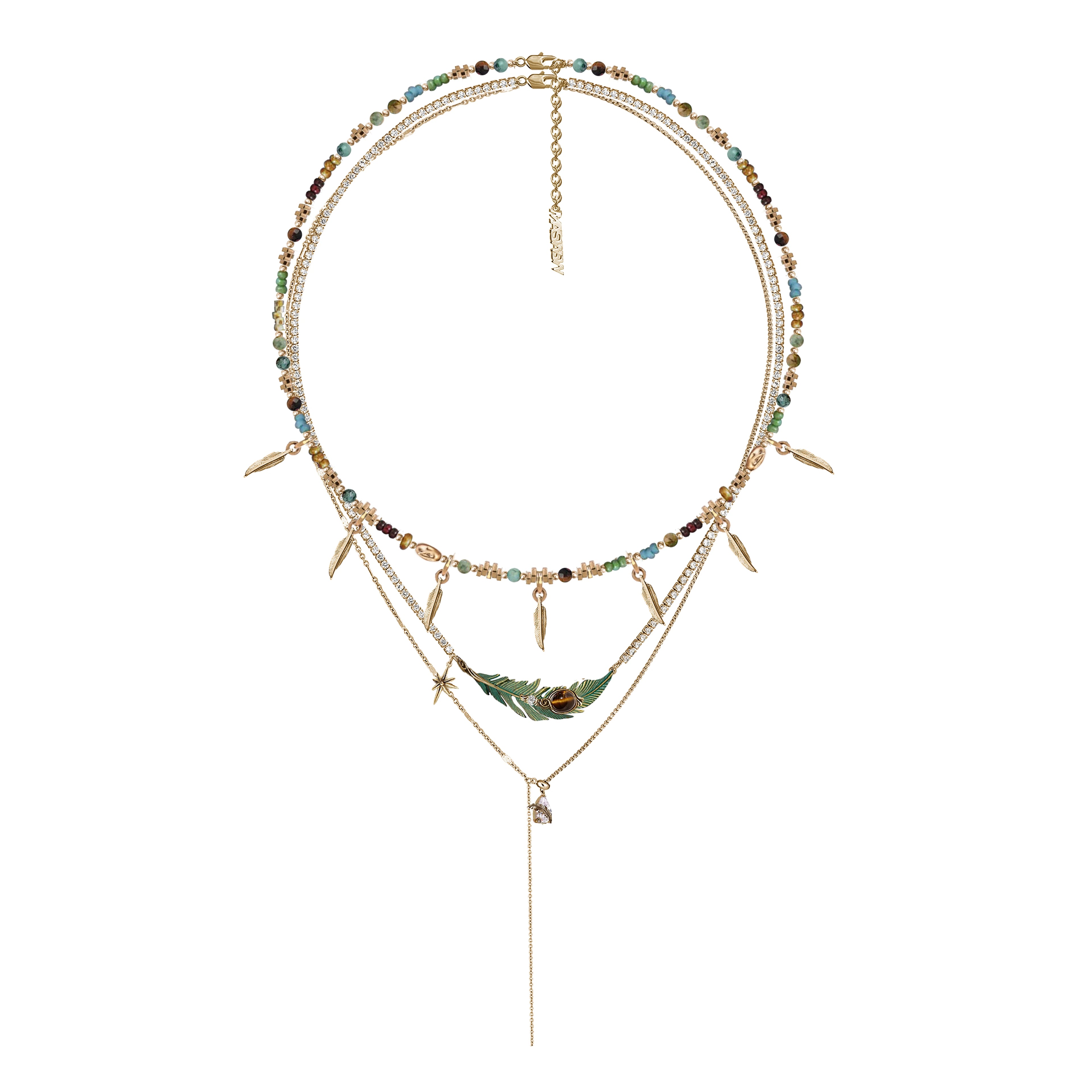 MASW Green Feather Layered Necklace